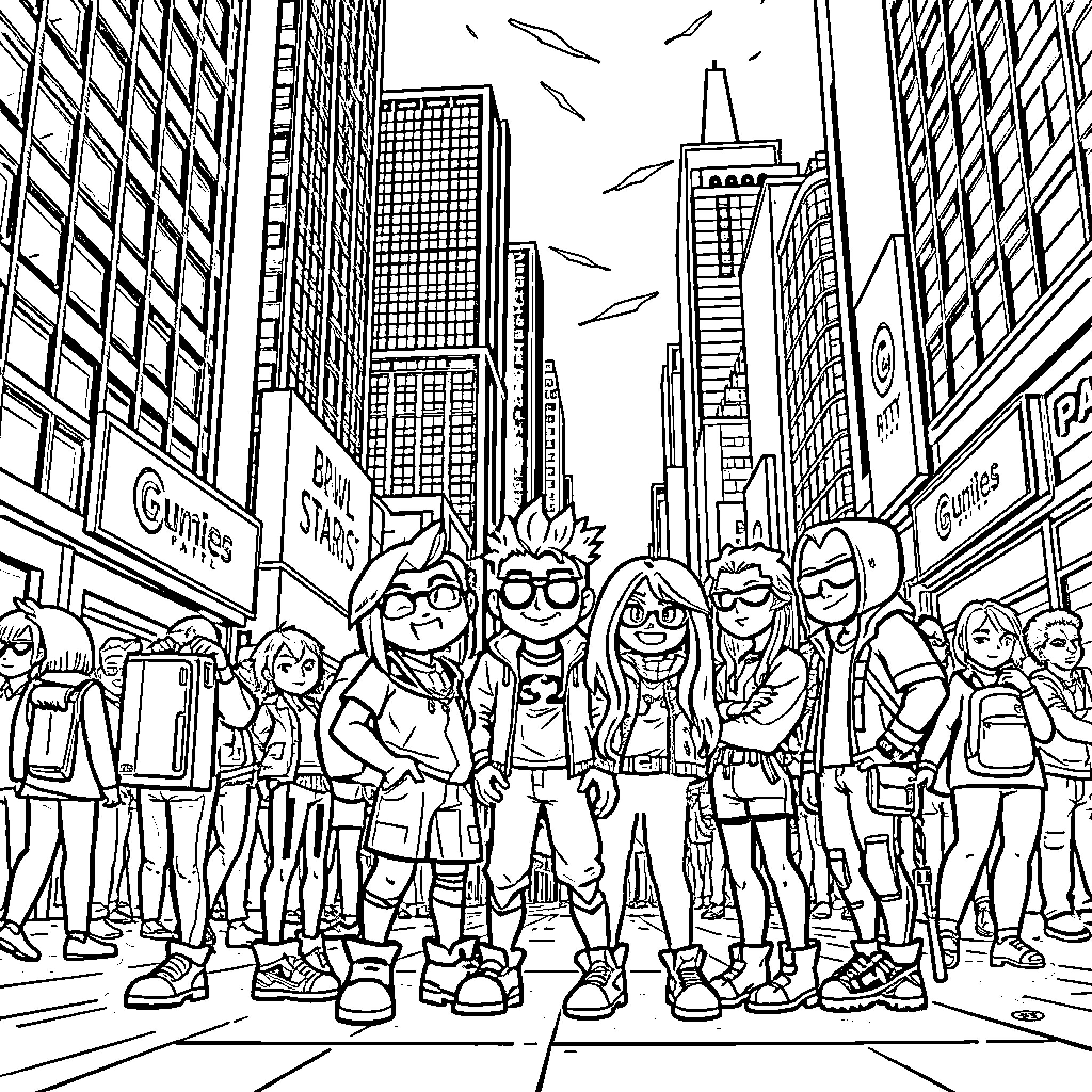 Brawl Stars characters in a bustling city scene Coloring Page (free black-and-white line drawing printable PDF for all, from beginners to advanced learners, including children, teens, adults, and seniors)