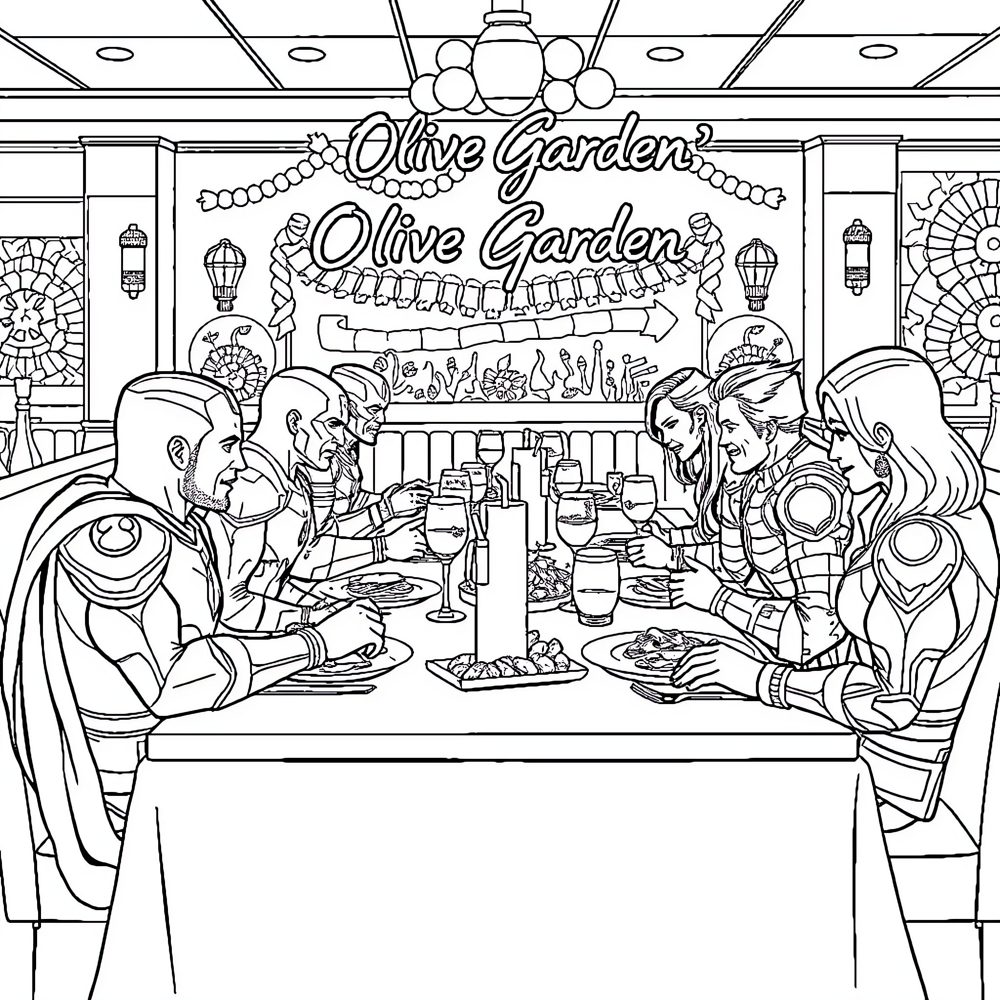 Avengers Dining at the Olive Garden Coloring Page (free black-and-white line drawing printable PDF for all, from beginners to advanced learners, including children, teens, adults, and seniors)