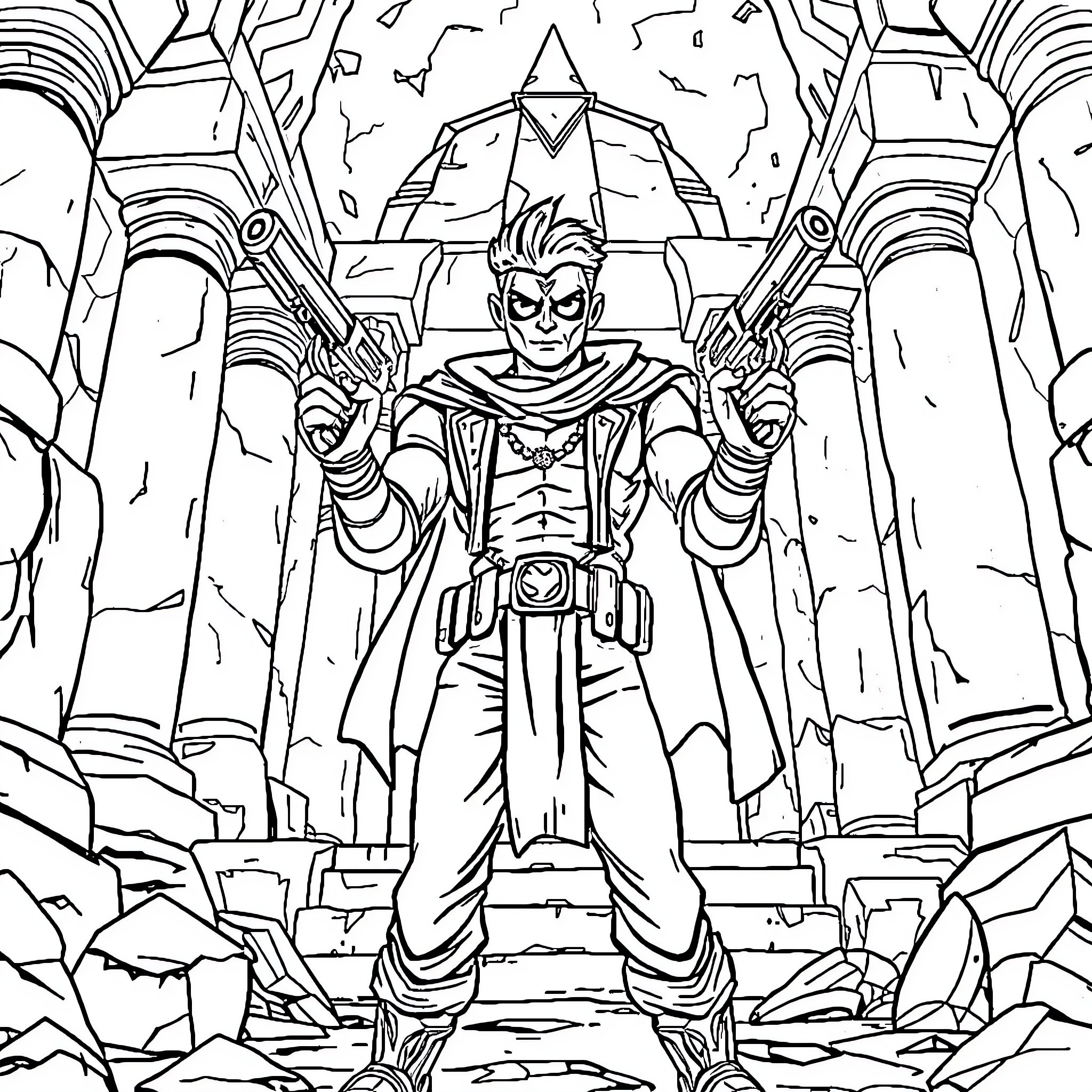 Shiv's Heroic Stance in Ruined Landscape Coloring Page (free black-and-white line drawing printable PDF for all, from beginners to advanced learners, including children, teens, adults, and seniors)