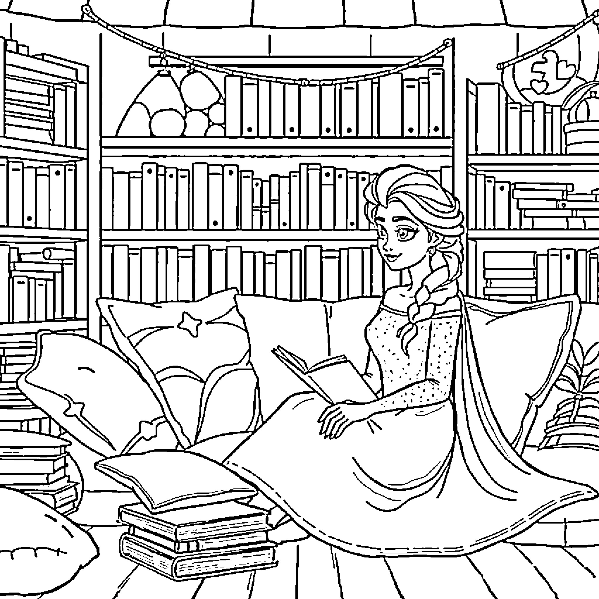 Elsa reading books in her library Coloring Page (free black-and-white line drawing printable PDF for all, from beginners to advanced learners, including children, teens, adults, and seniors)