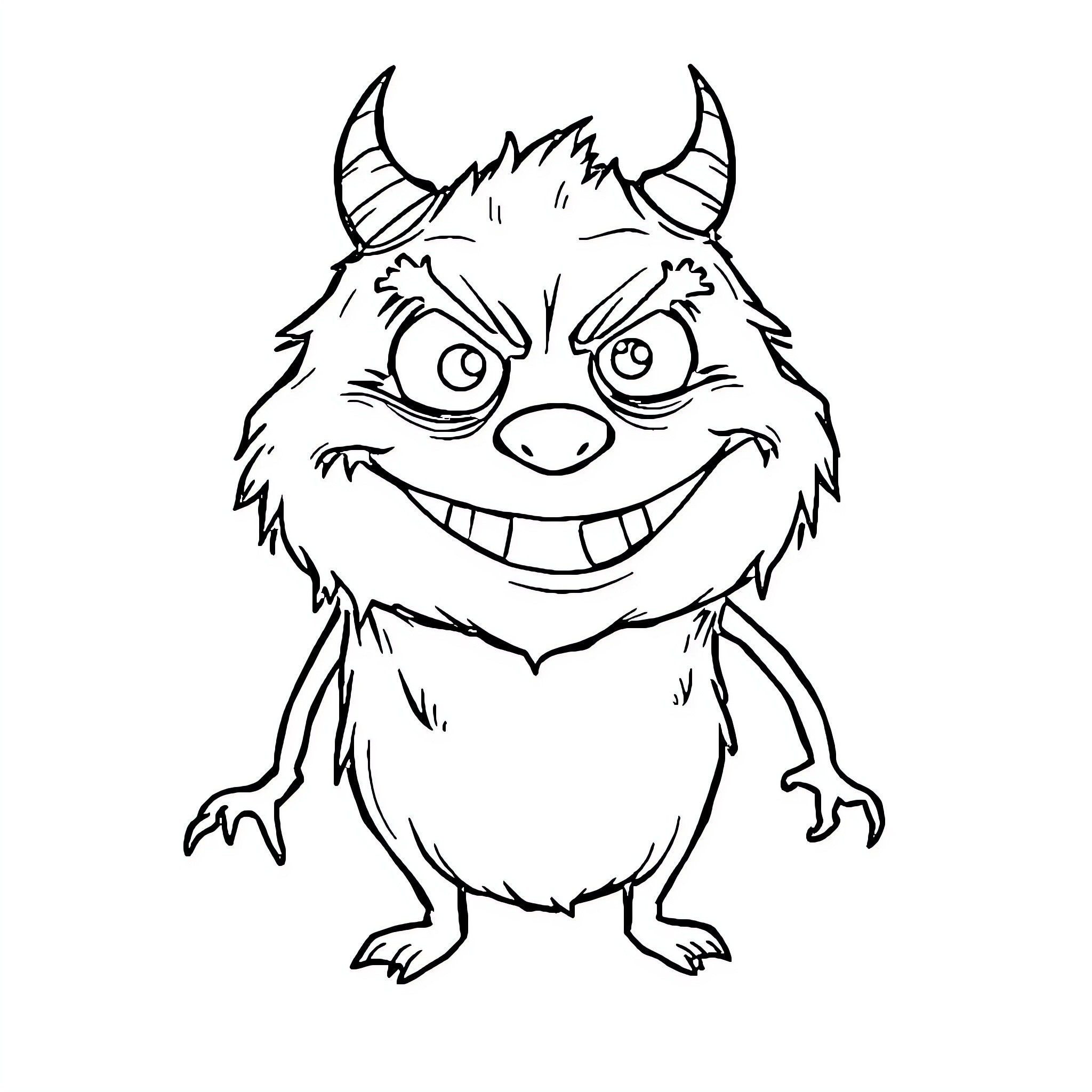 Bittergiggle Mischievous Monster's Playful Grin Coloring Page (free black-and-white line drawing printable PDF for all, from beginners to advanced learners, including children, teens, adults, and seniors)