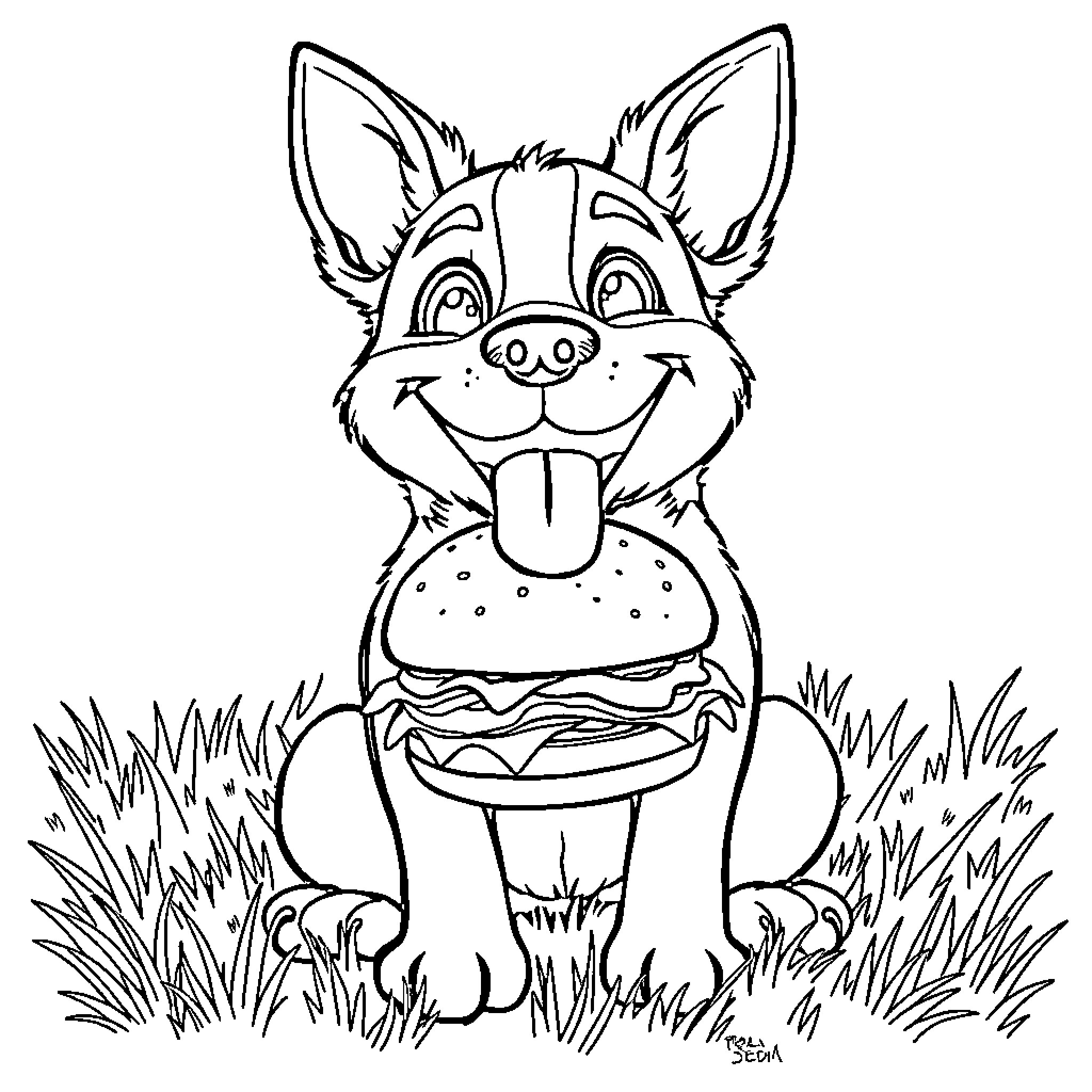 Dog enjoying a delicious hamburger in the grass Coloring Page (free black-and-white line drawing printable PDF for all, from beginners to advanced learners, including children, teens, adults, and seniors)