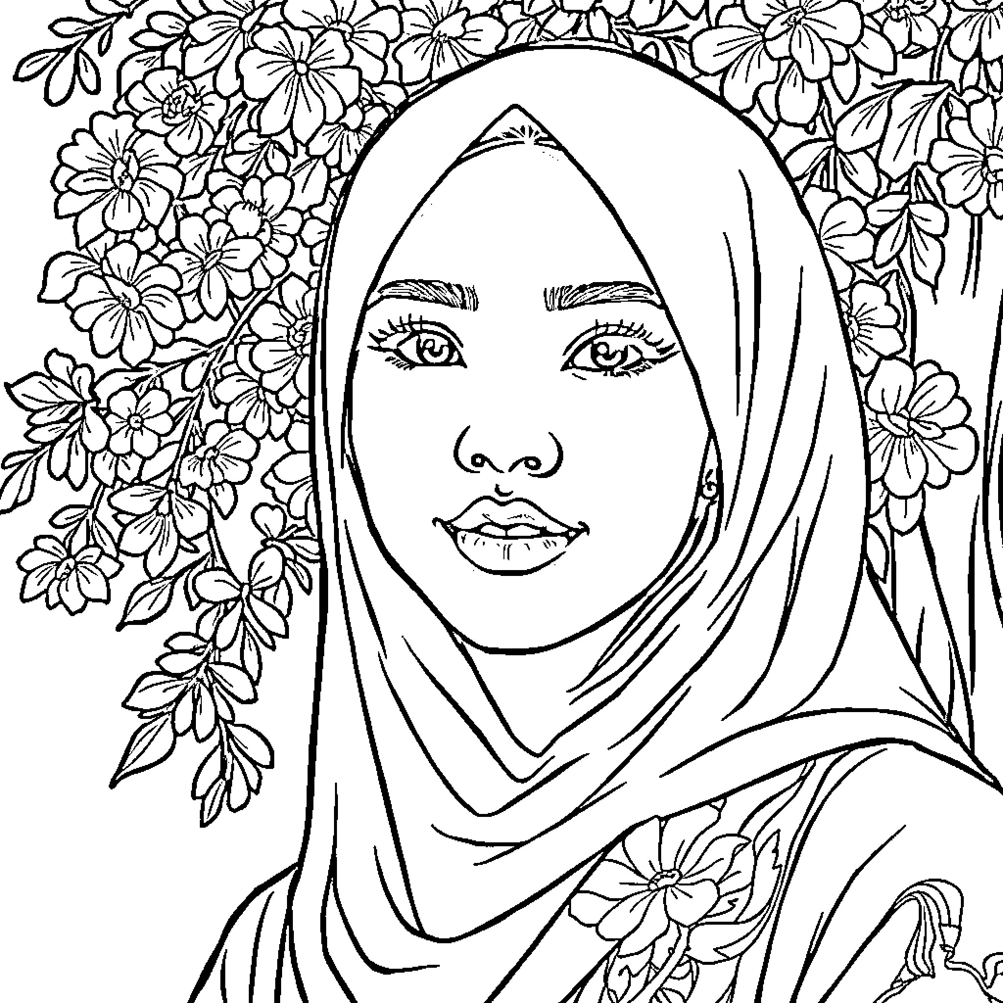 Heroine in Floral Hijab Surrounded by Flowers Coloring Page (free black-and-white line drawing printable PDF for all, from beginners to advanced learners, including children, teens, adults, and seniors)