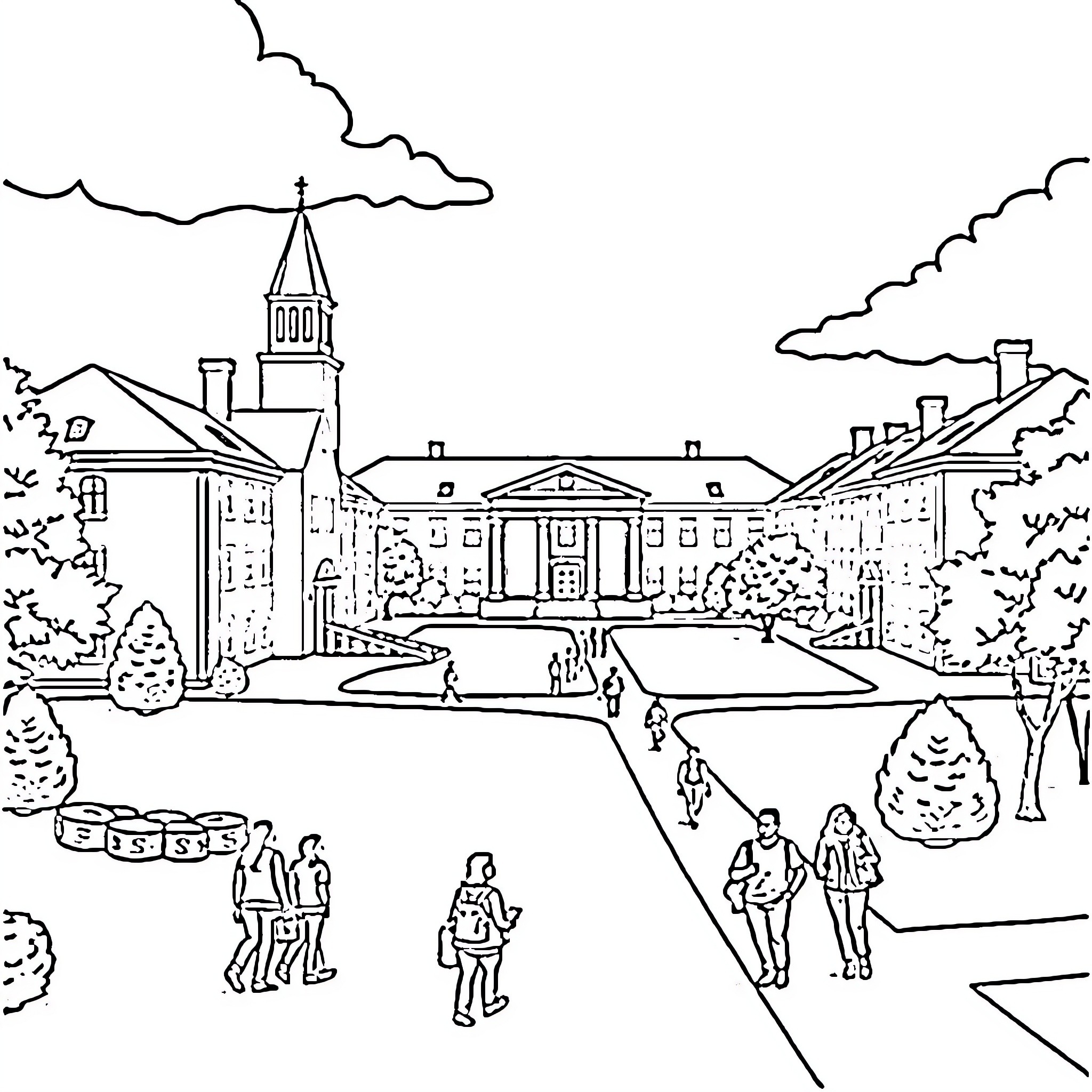 Tuskegee University campus scene with people walking Coloring Page (free black-and-white line drawing printable PDF for all, from beginners to advanced learners, including children, teens, adults, and seniors)