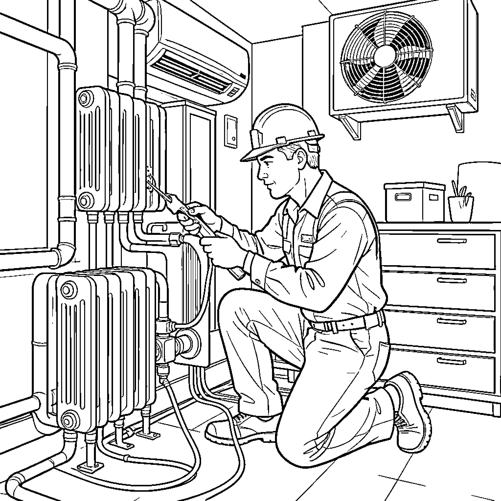 Plumber repairing heating pipes and equipment in a room Coloring Page (free black-and-white line drawing printable PDF for all, from beginners to advanced learners, including children, teens, adults, and seniors)