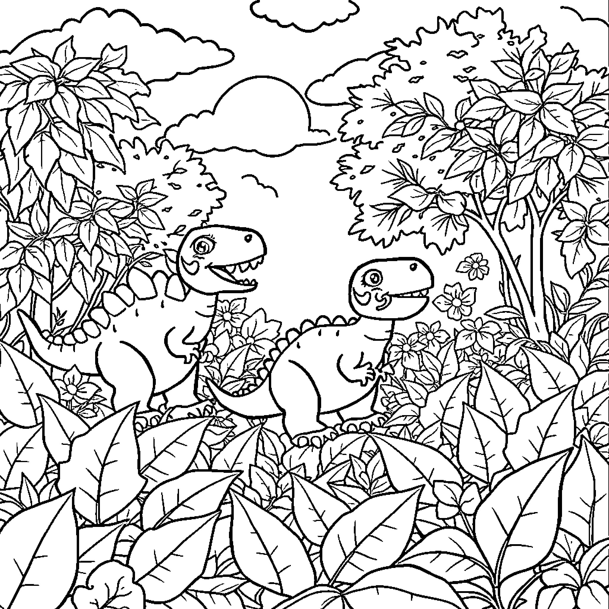 Dinosaurs Exploring Lush Jungle Landscape Coloring Page (free black-and-white line drawing printable PDF for all, from beginners to advanced learners, including children, teens, adults, and seniors)