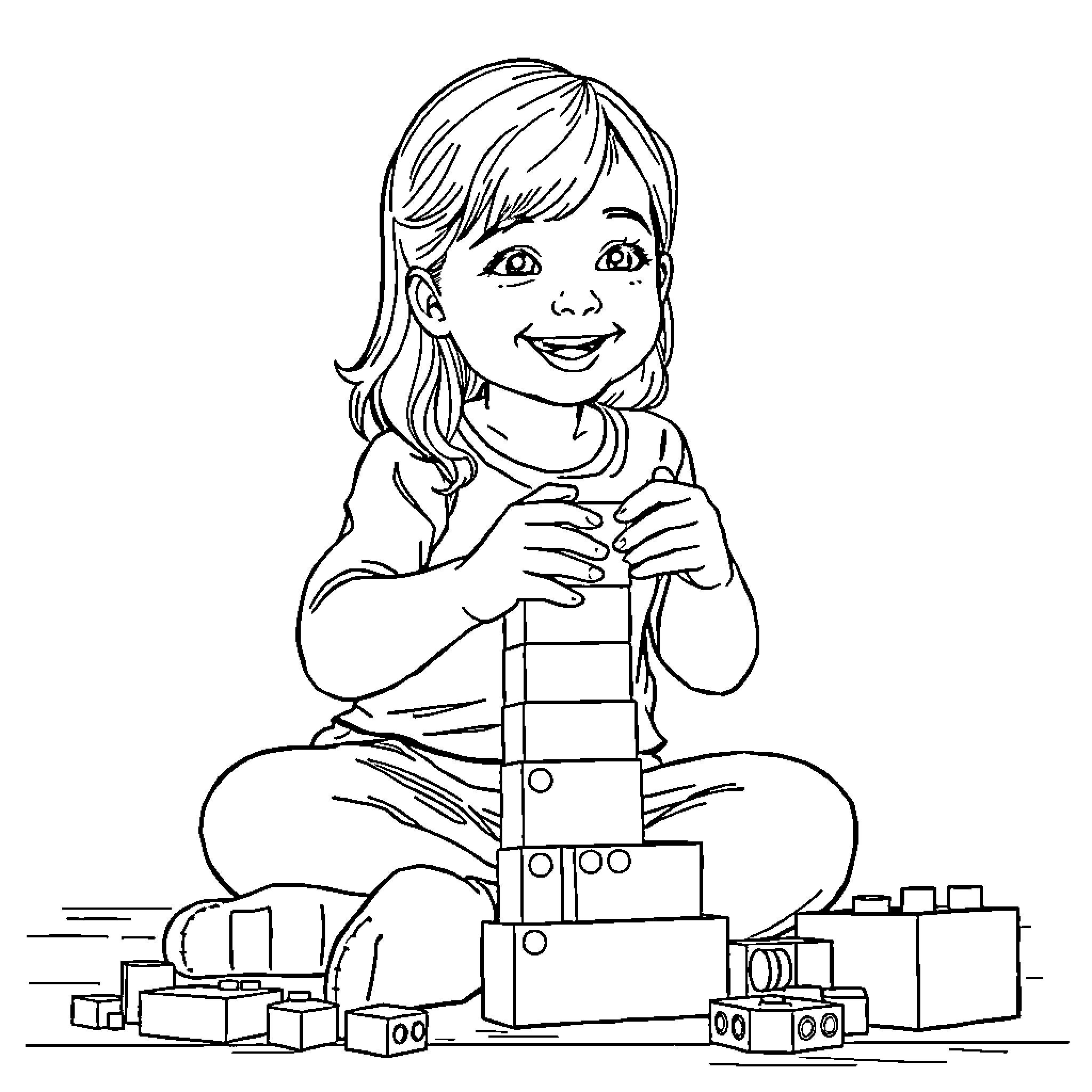 Girl playing joyfully with building blocks Coloring Page (free black-and-white line drawing printable PDF for all, from beginners to advanced learners, including children, teens, adults, and seniors)