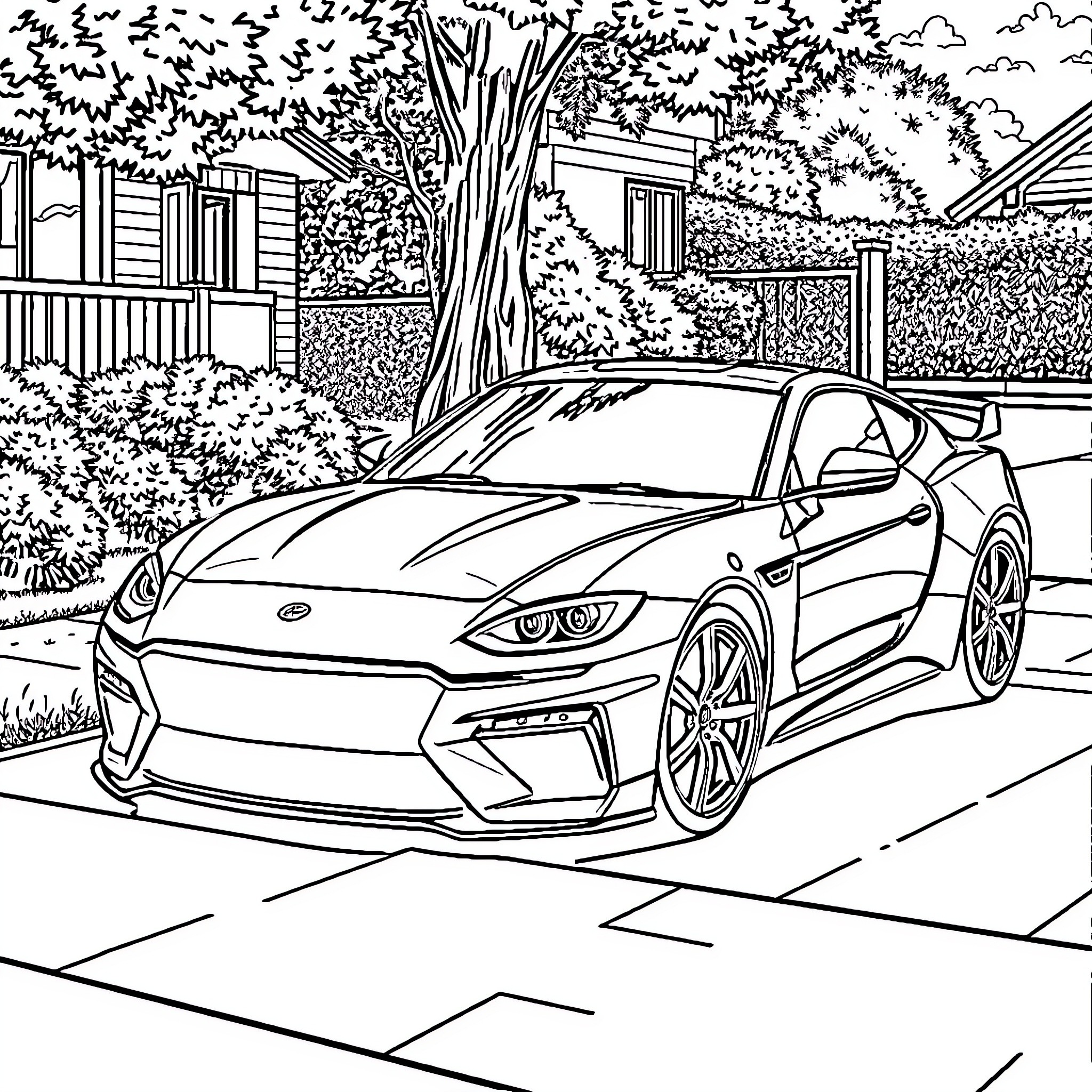 Car speeding down a suburban street Coloring Page (free black-and-white line drawing printable PDF for all, from beginners to advanced learners, including children, teens, adults, and seniors)