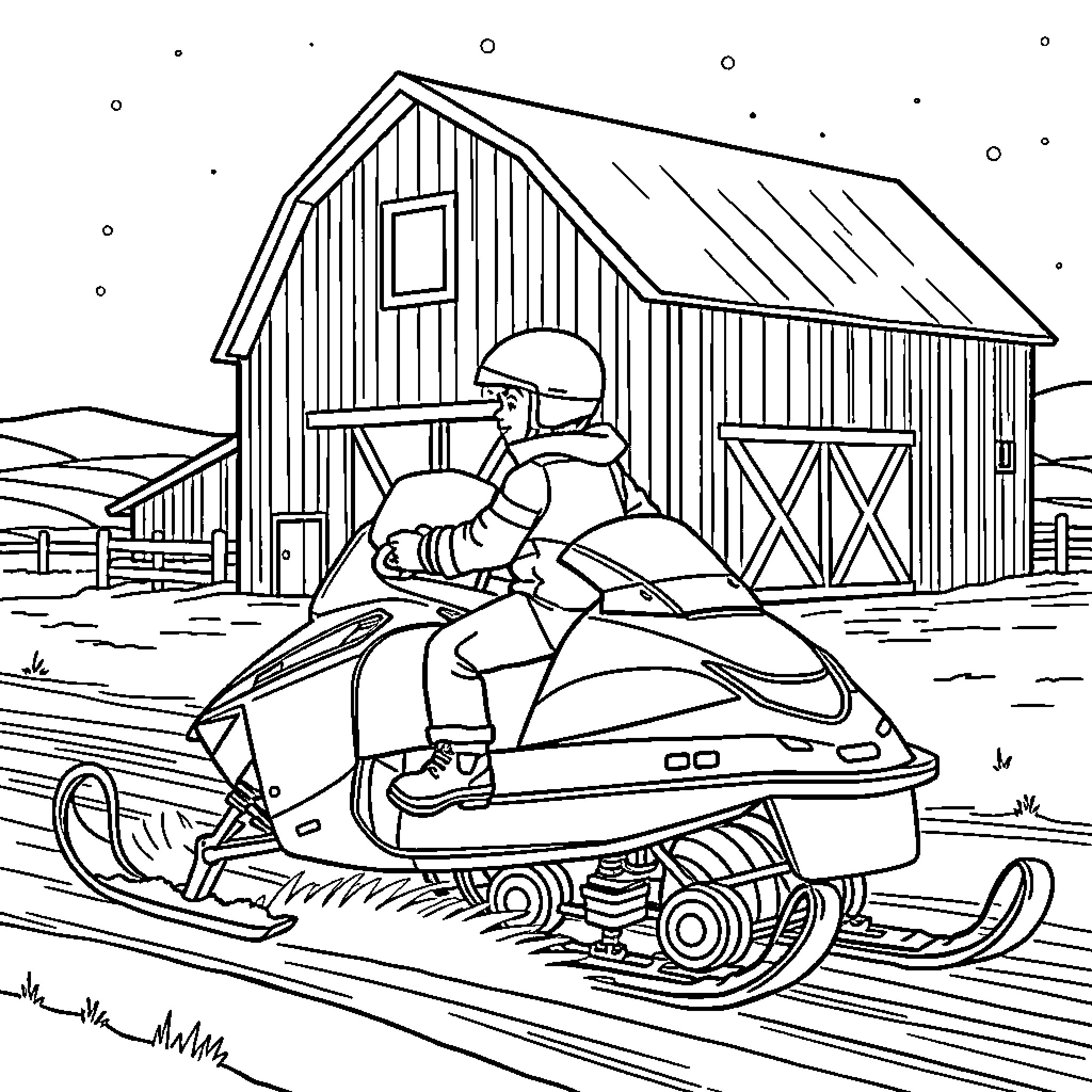 Boy riding snowmobile near barn in winter scene Coloring Page (free black-and-white line drawing printable PDF for all, from beginners to advanced learners, including children, teens, adults, and seniors)