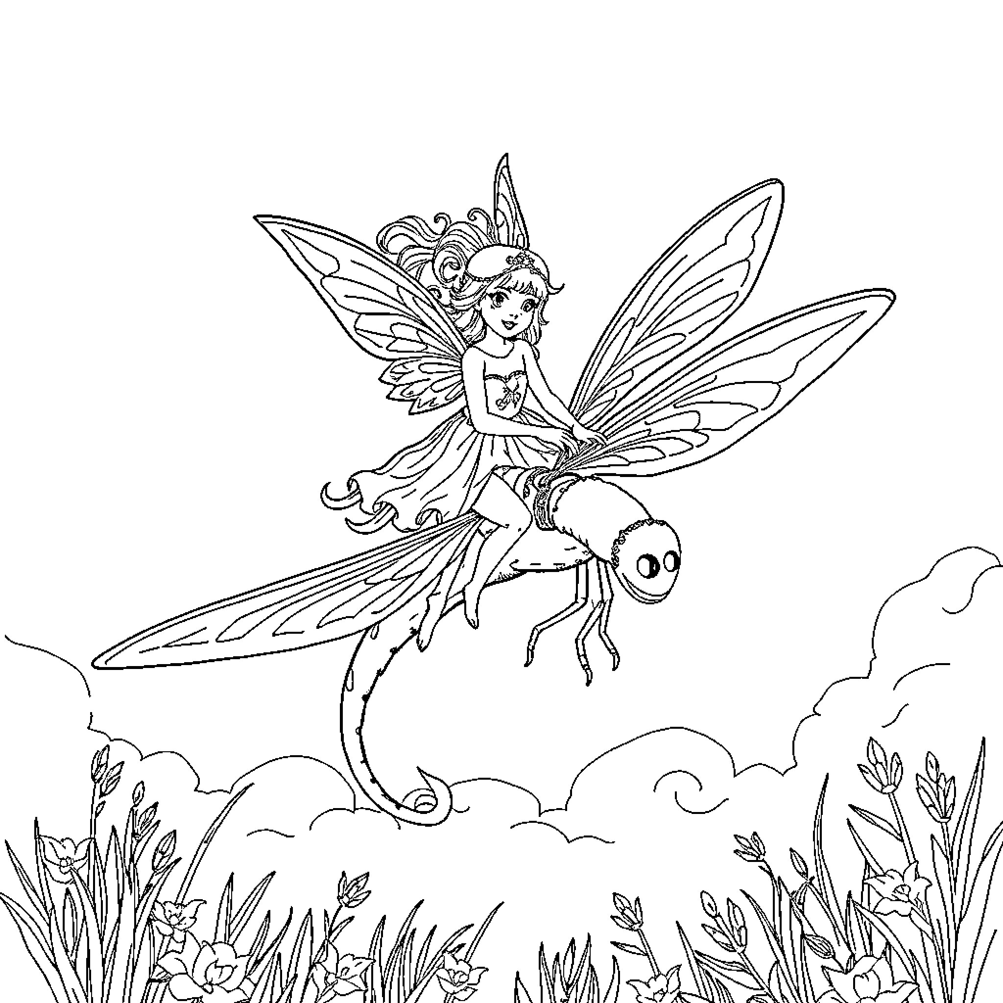 Fairy riding a dragonfly in a whimsical landscape Coloring Page (free black-and-white line drawing printable PDF for all, from beginners to advanced learners, including children, teens, adults, and seniors)