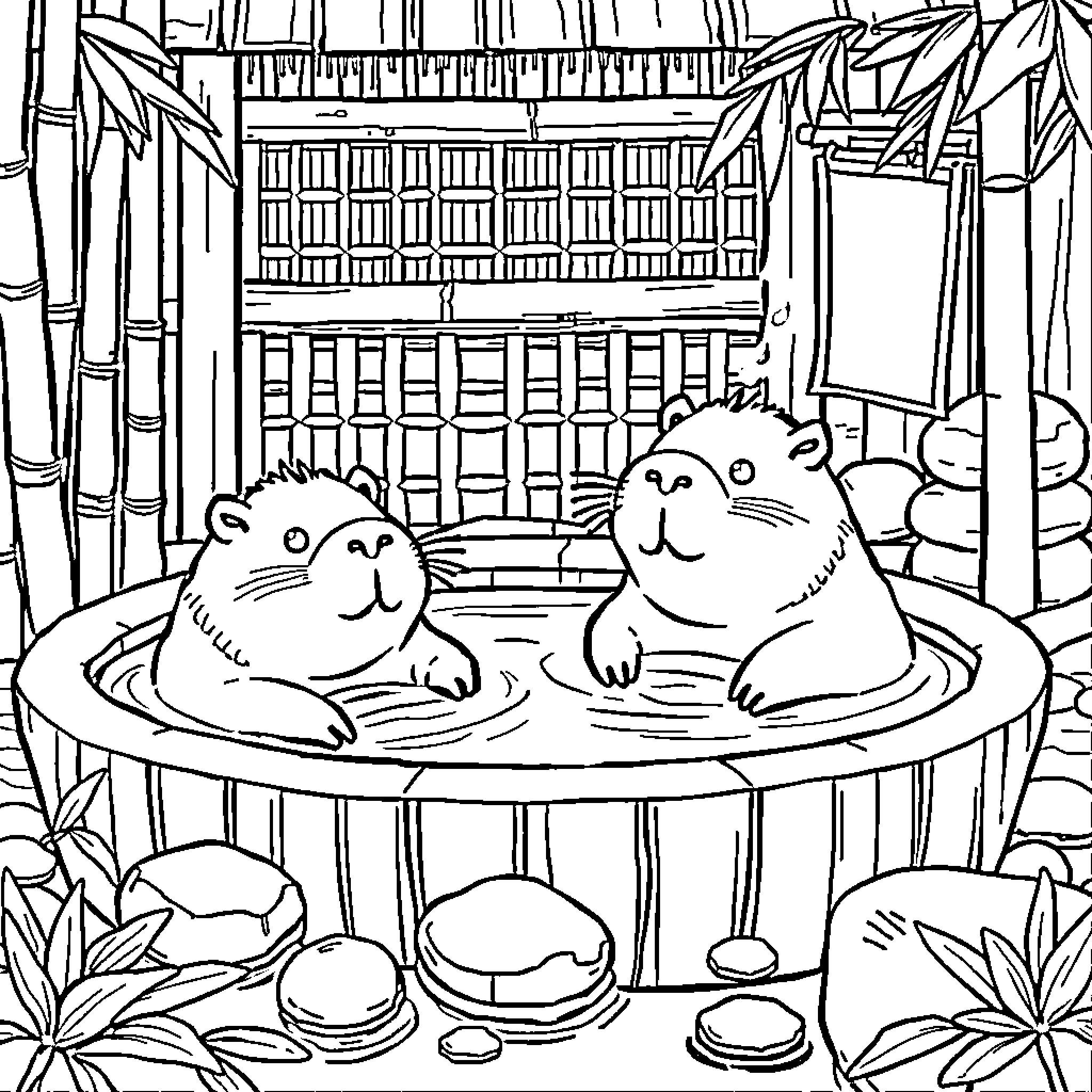 Capybara relaxing in a traditional Japanese hot spring Coloring Page (free black-and-white line drawing printable PDF for all, from beginners to advanced learners, including children, teens, adults, and seniors)