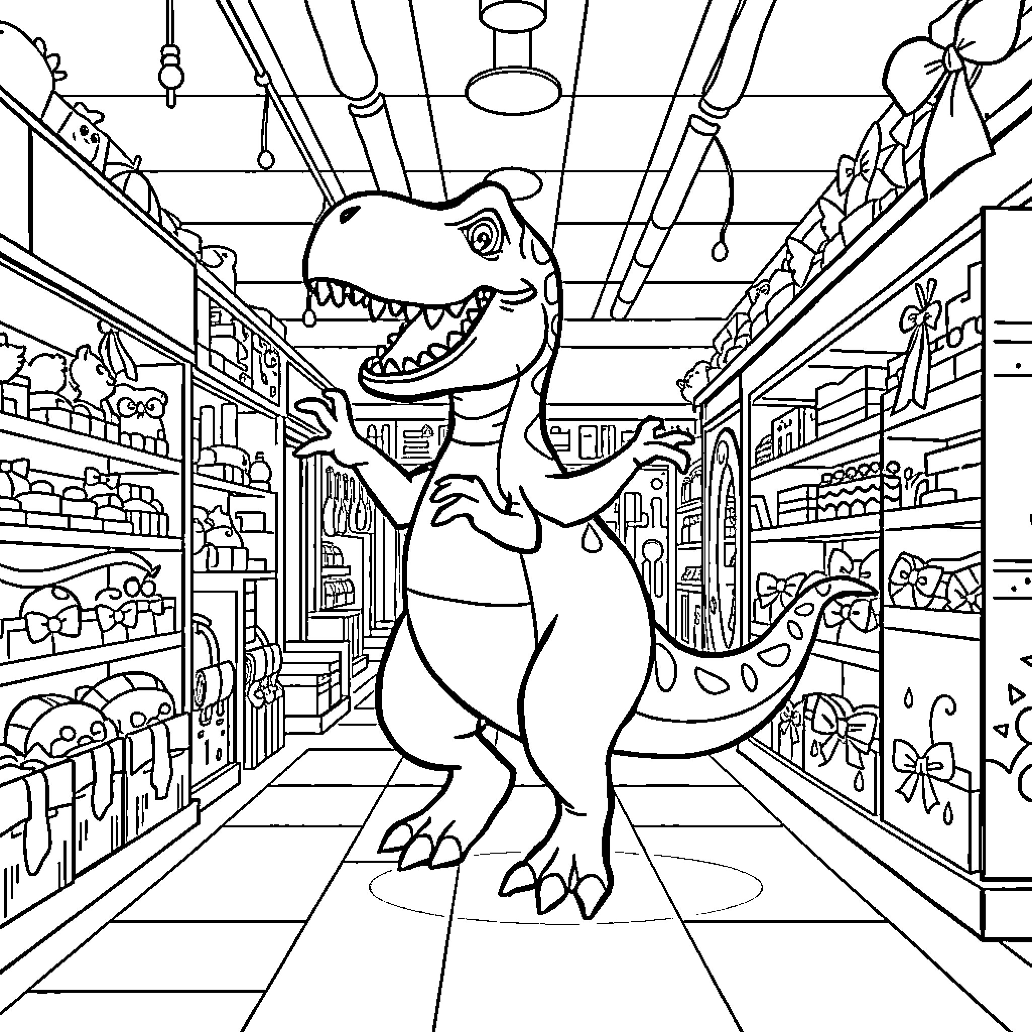 Dinosaur exploring a whimsical toy store Coloring Page (free black-and-white line drawing printable PDF for all, from beginners to advanced learners, including children, teens, adults, and seniors)