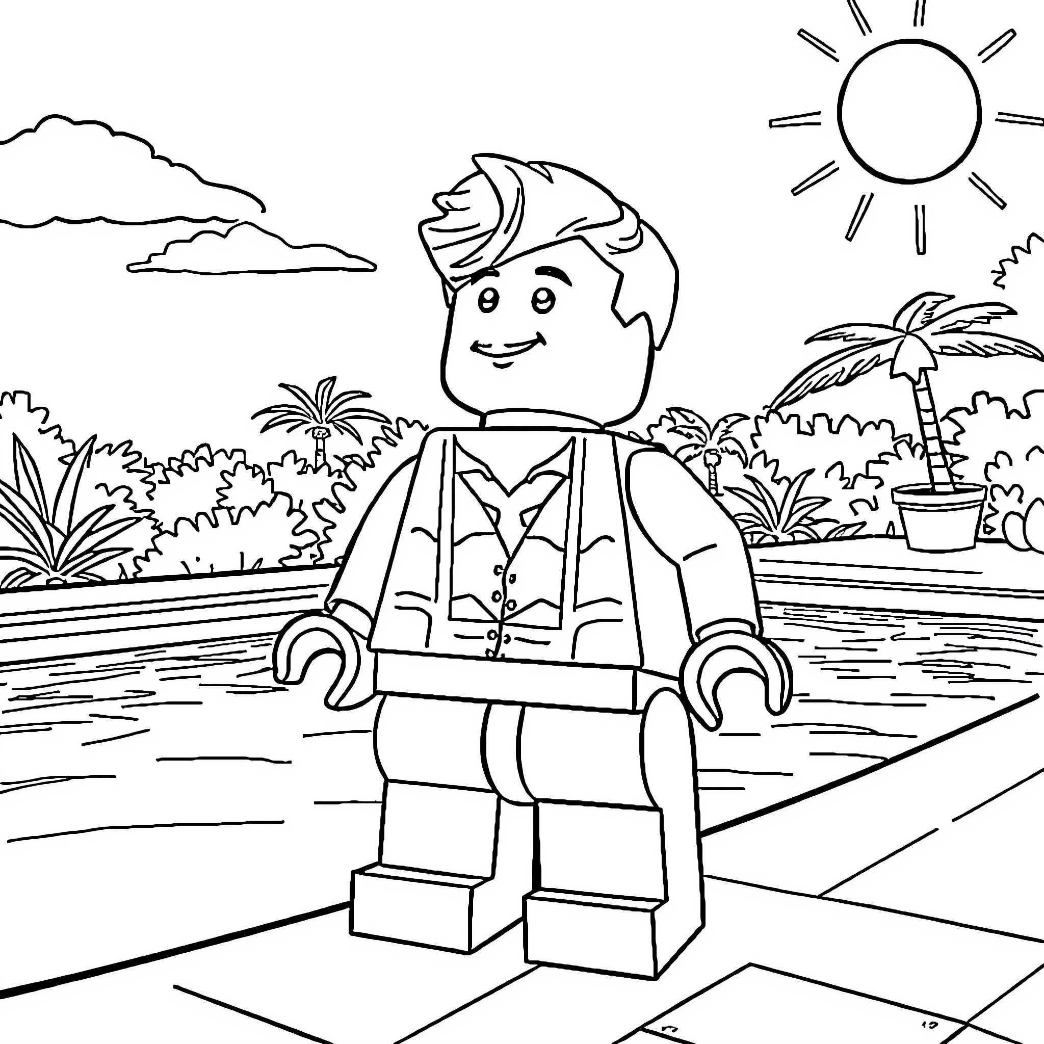 Lego Man relaxing on tropical beach Coloring Page (free black-and-white line drawing printable PDF for all, from beginners to advanced learners, including children, teens, adults, and seniors)