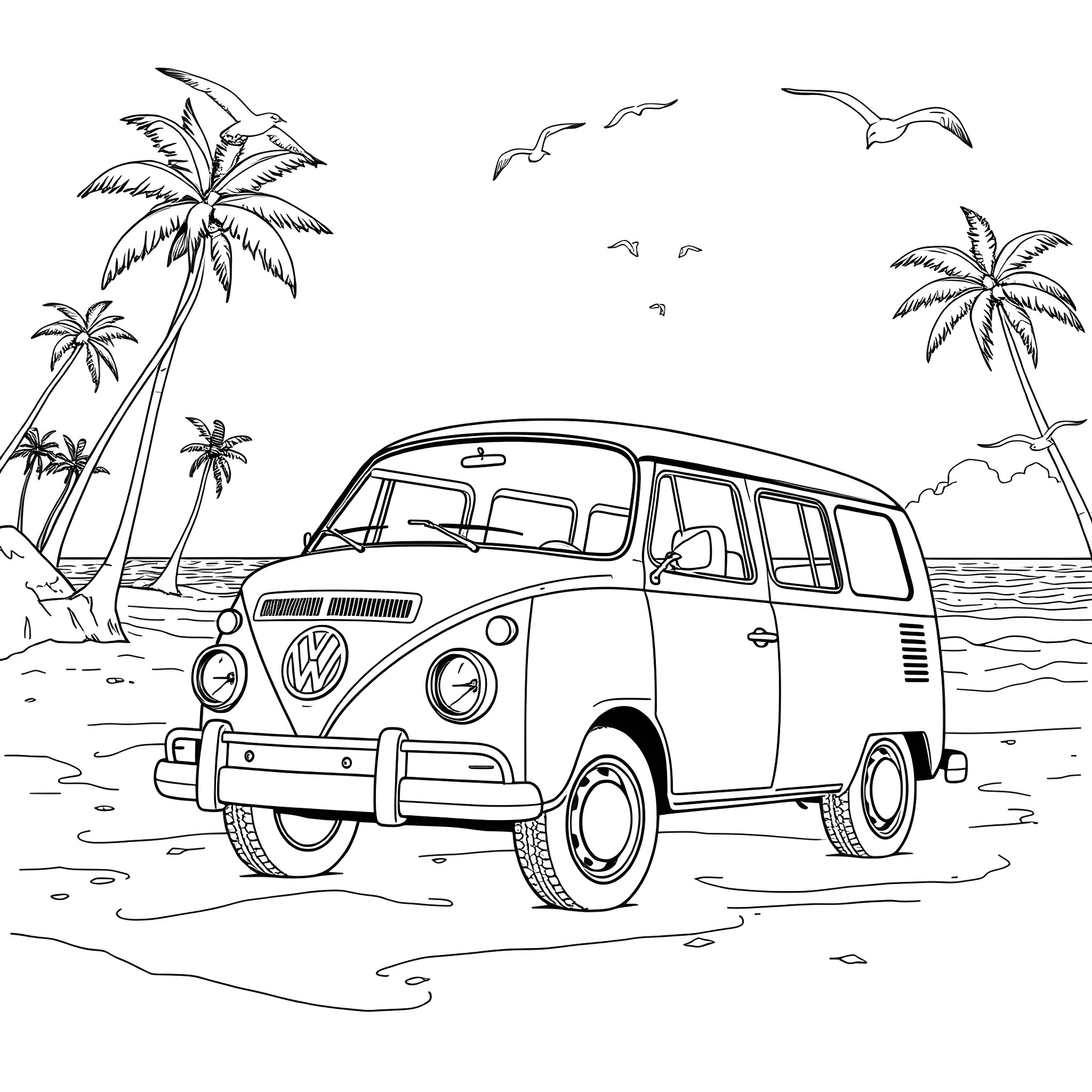 VW Bully enjoying a beach vacation Coloring Page (free black-and-white line drawing printable PDF for all, from beginners to advanced learners, including children, teens, adults, and seniors)