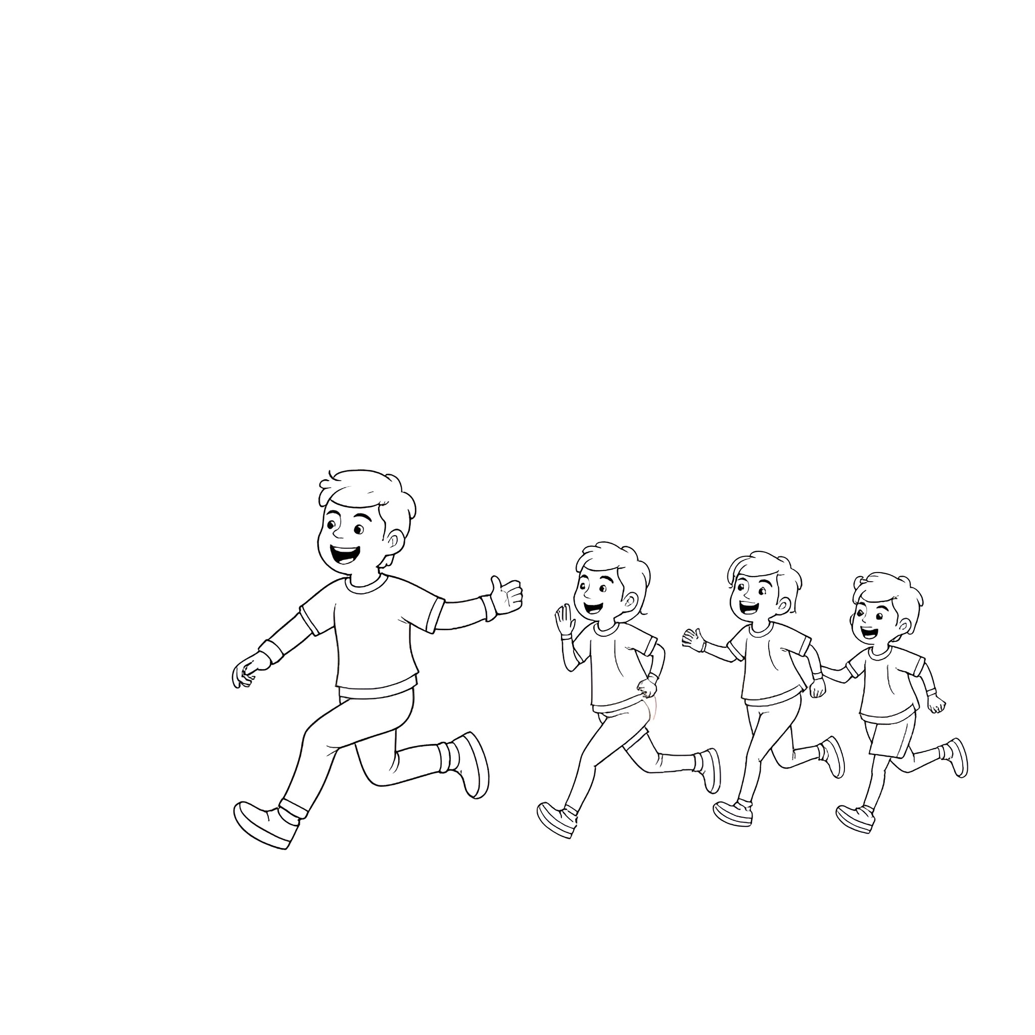 Teacher leading students on a joyful outdoor activity Coloring Page (free black-and-white line drawing printable PDF for all, from beginners to advanced learners, including children, teens, adults, and seniors)