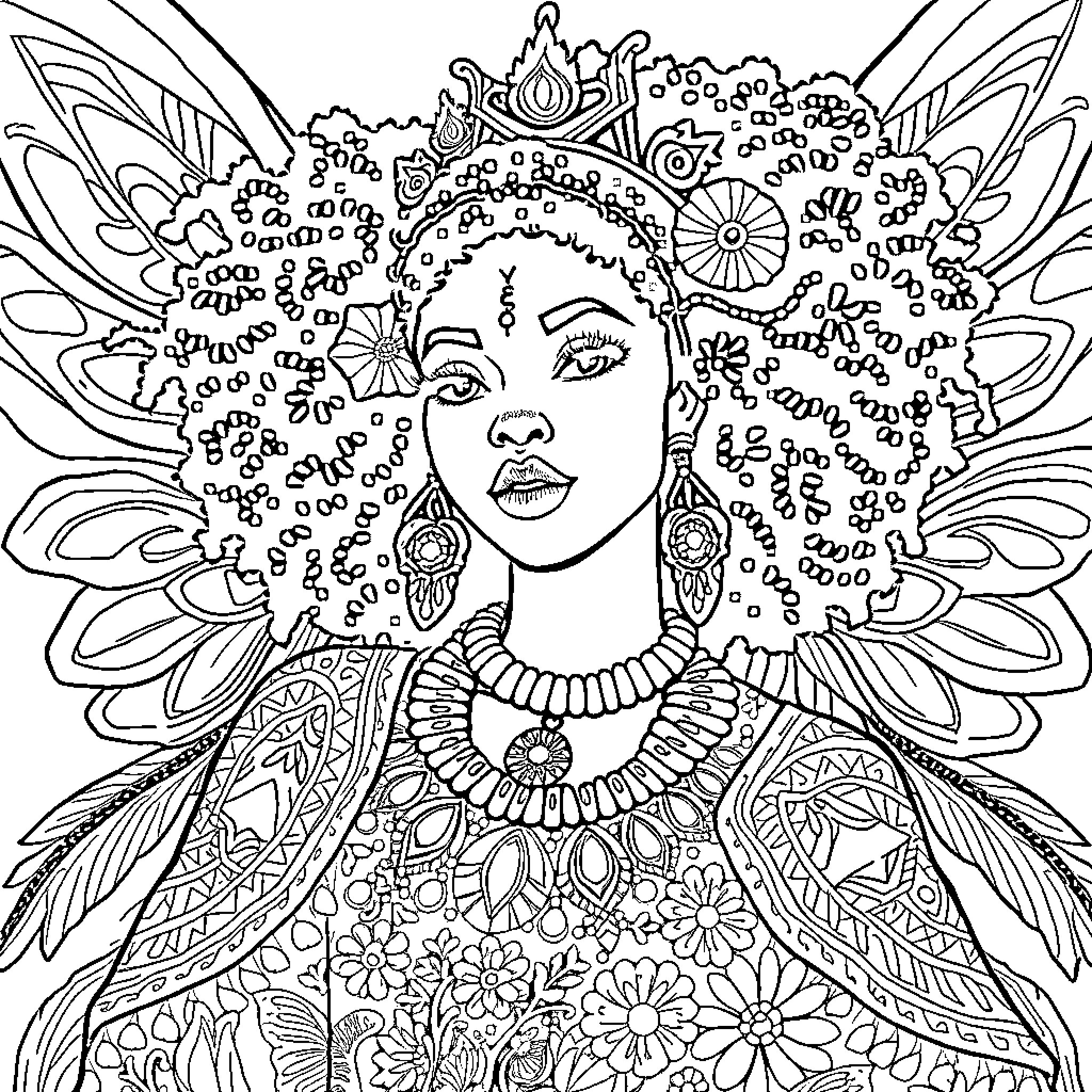 Fairy Queen adorned with ornate crown and ethereal wings Coloring Page (free black-and-white line drawing printable PDF for all, from beginners to advanced learners, including children, teens, adults, and seniors)