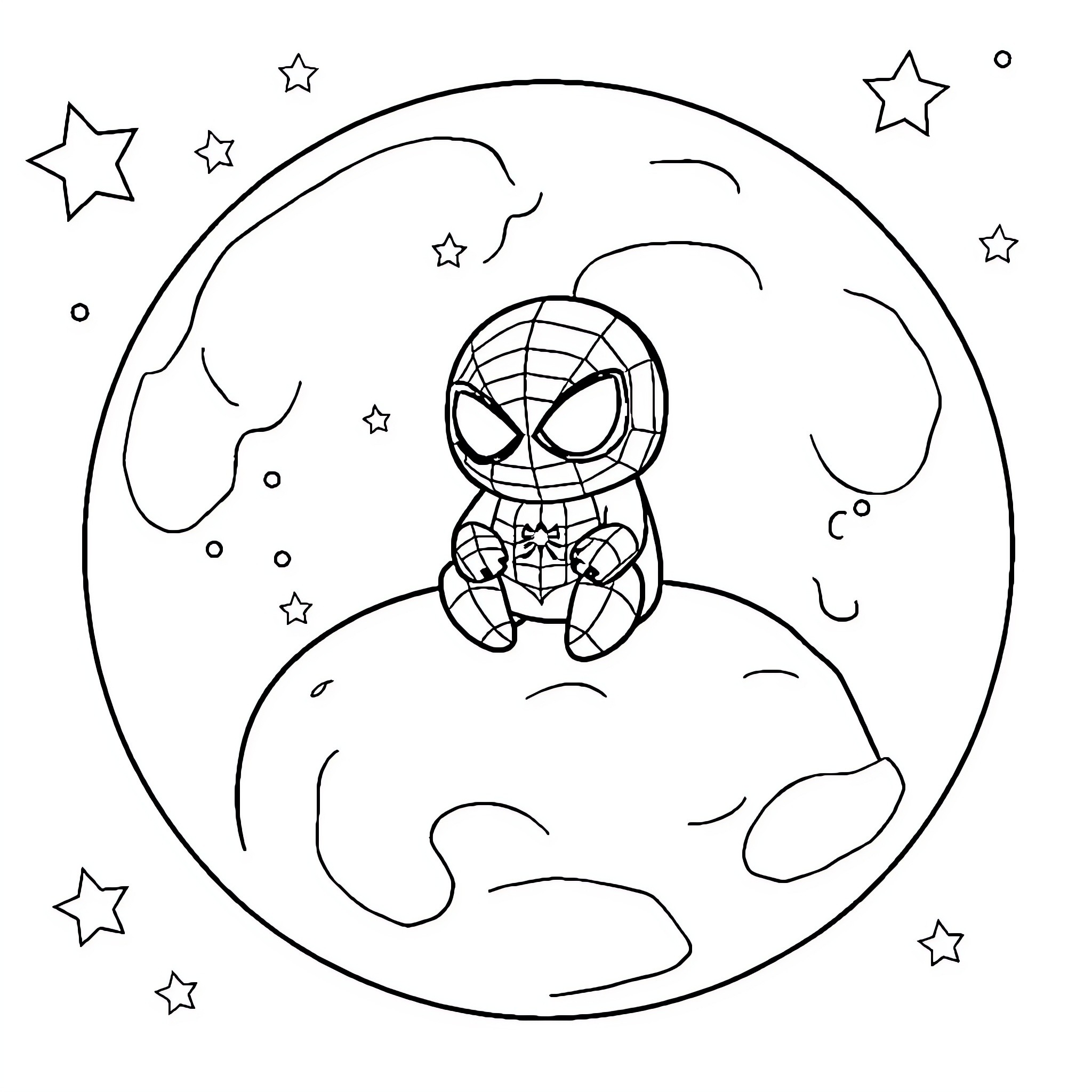 Spider-Man exploring the starry night sky Coloring Page (free black-and-white line drawing printable PDF for all, from beginners to advanced learners, including children, teens, adults, and seniors)