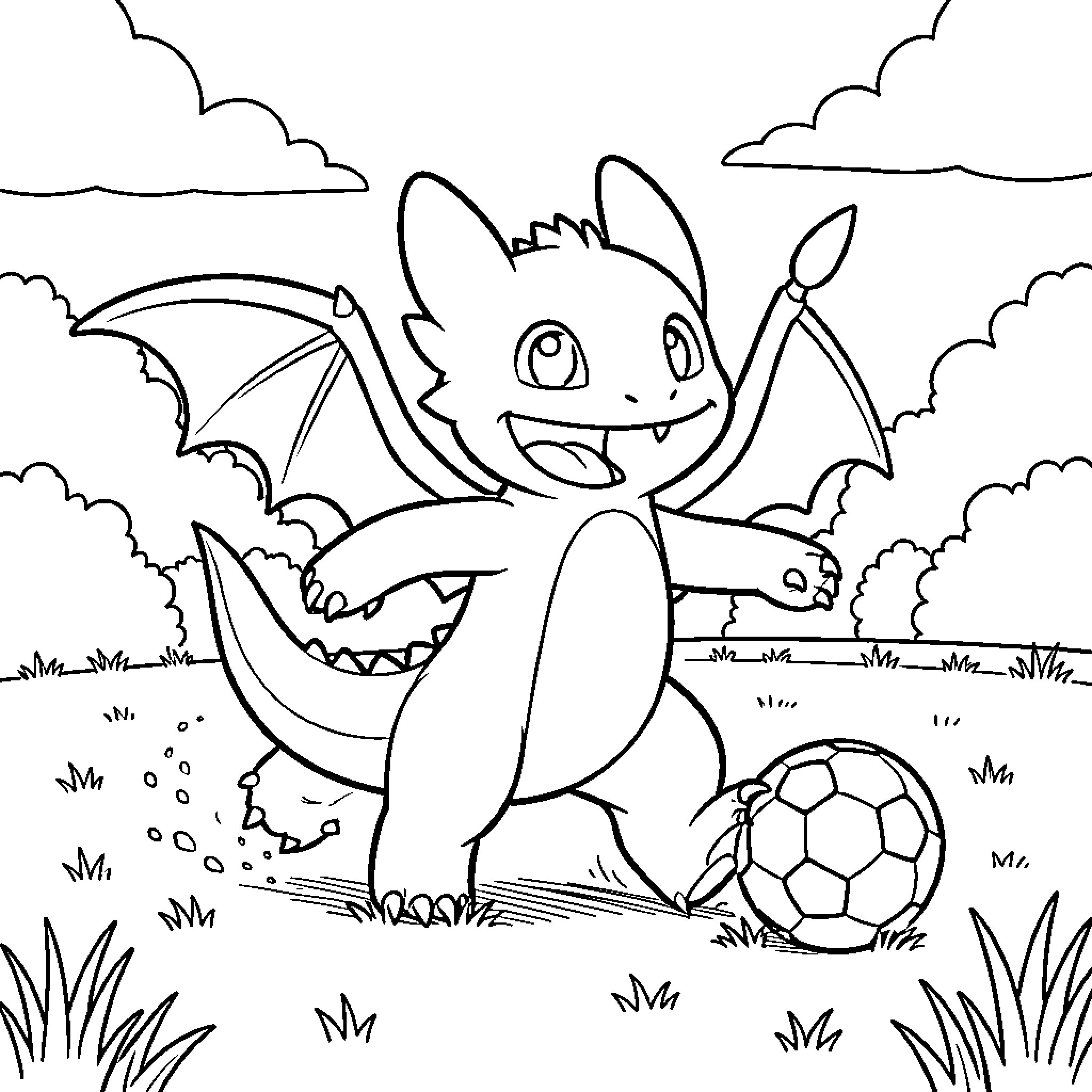 Toothless playing soccer in a grassy field Coloring Page (free black-and-white line drawing printable PDF for all, from beginners to advanced learners, including children, teens, adults, and seniors)