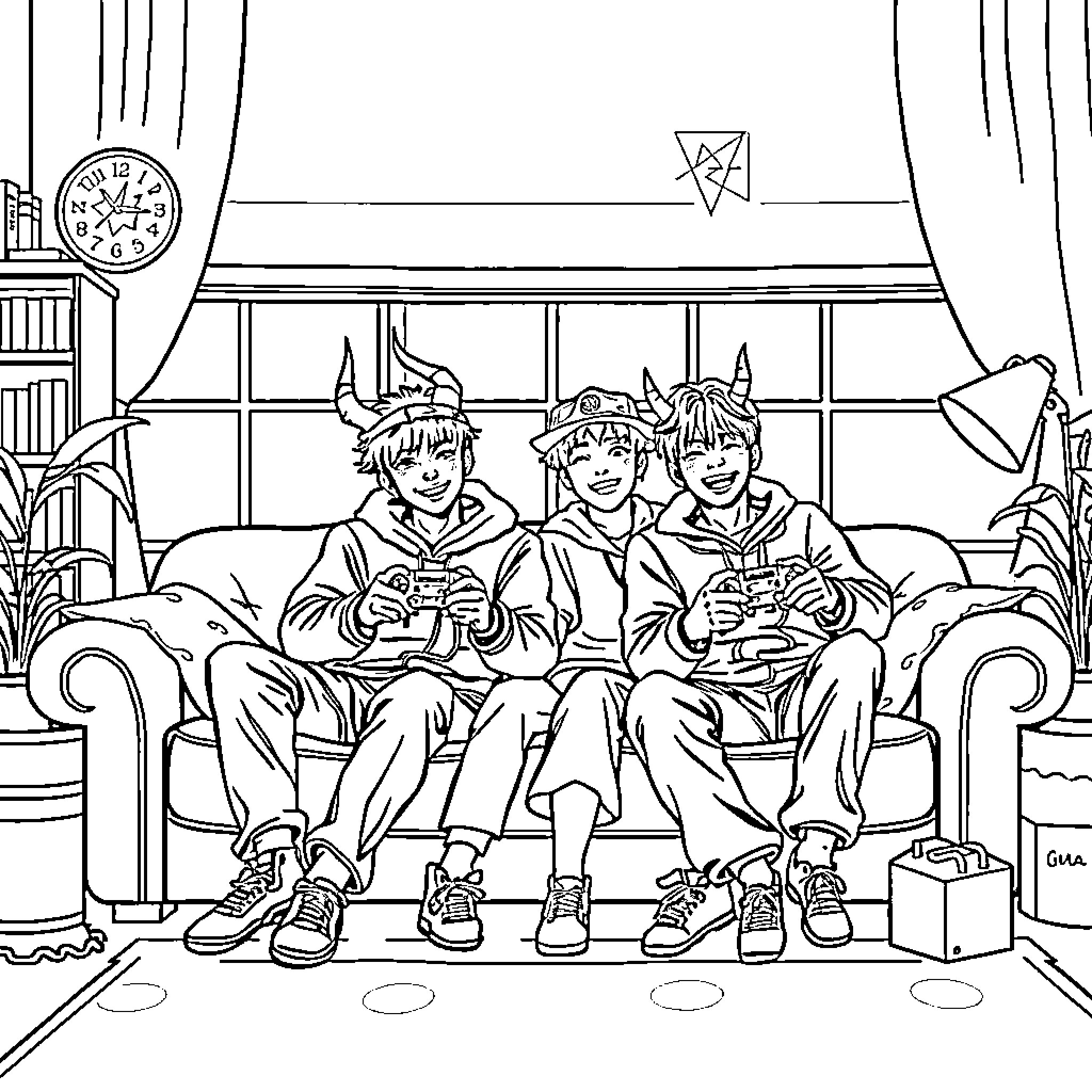 Demon Hunters Bonding Over Video Games at Home Coloring Page (free black-and-white line drawing printable PDF for all, from beginners to advanced learners, including children, teens, adults, and seniors)