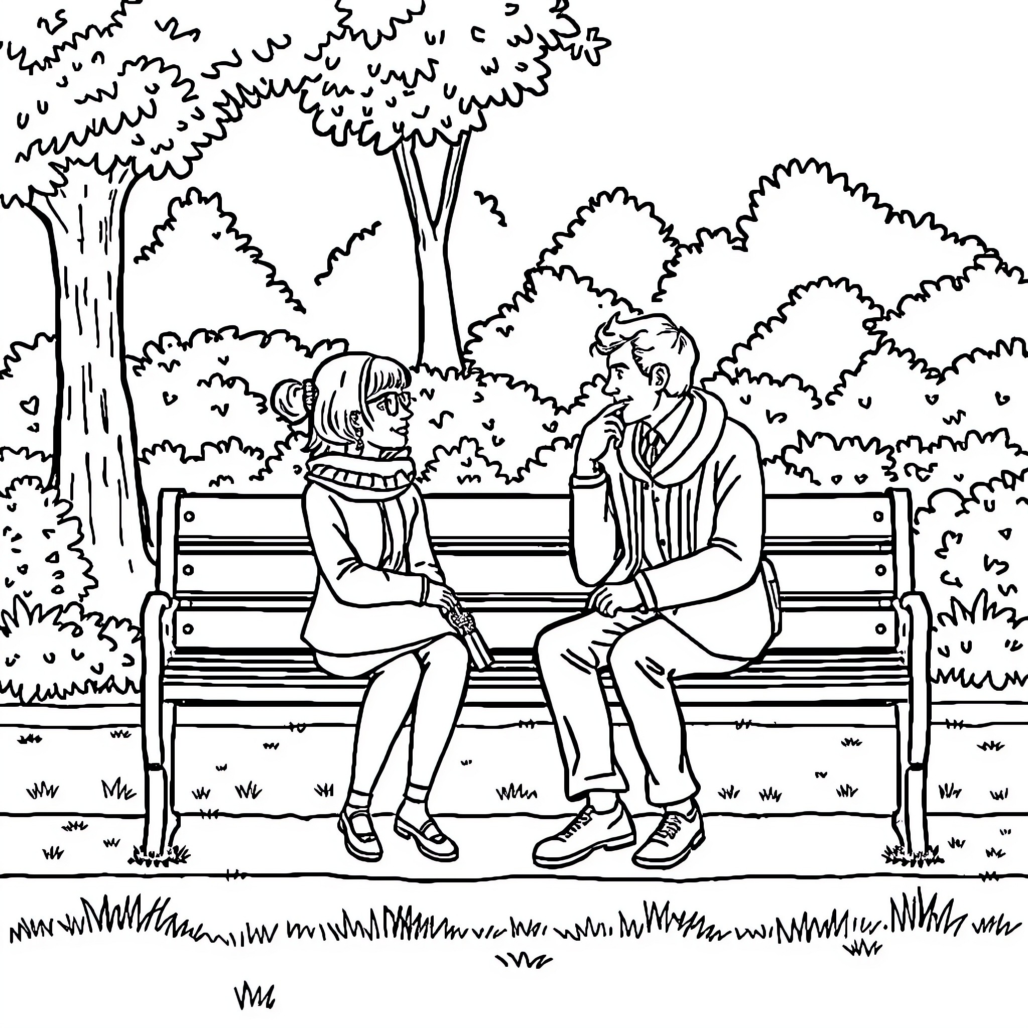 Cat resting with couple on park bench Coloring Page (free black-and-white line drawing printable PDF for all, from beginners to advanced learners, including children, teens, adults, and seniors)