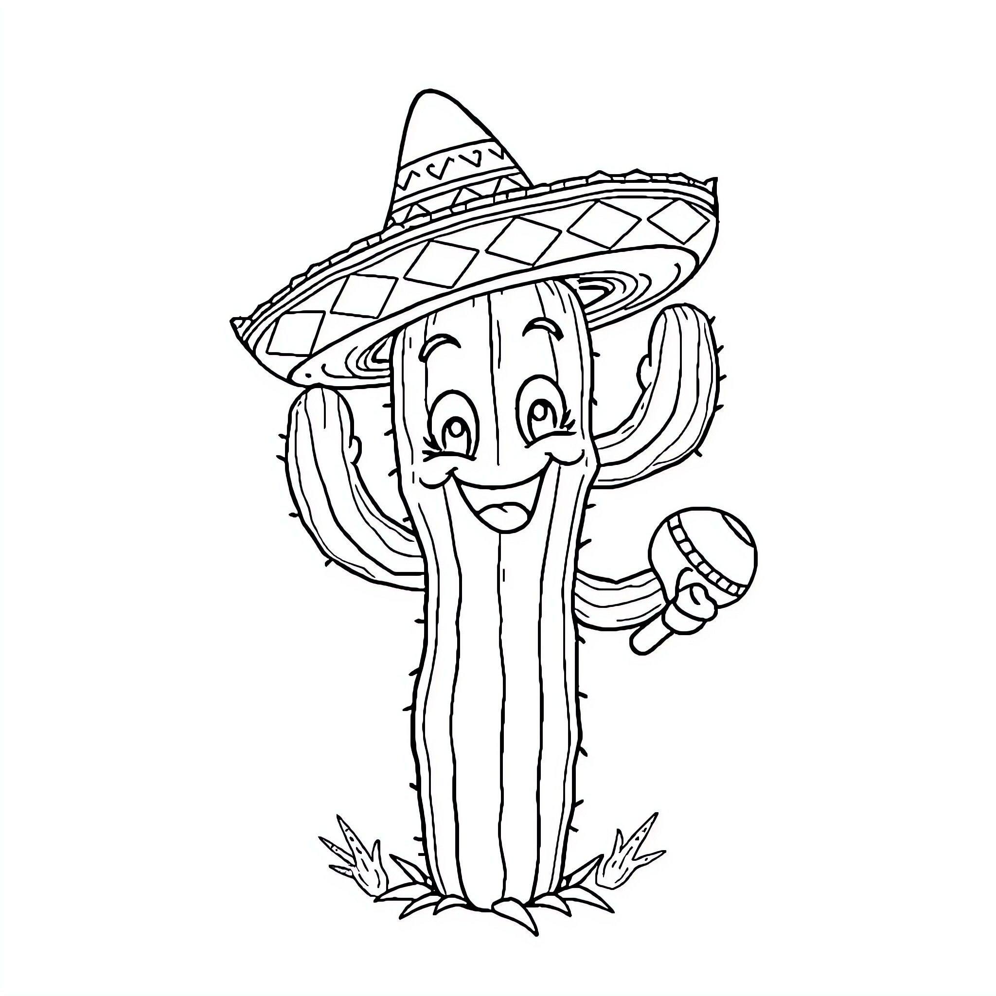 Cactus wearing a sombrero and playing a musical instrument Coloring Page (free black-and-white line drawing printable PDF for all, from beginners to advanced learners, including children, teens, adults, and seniors)
