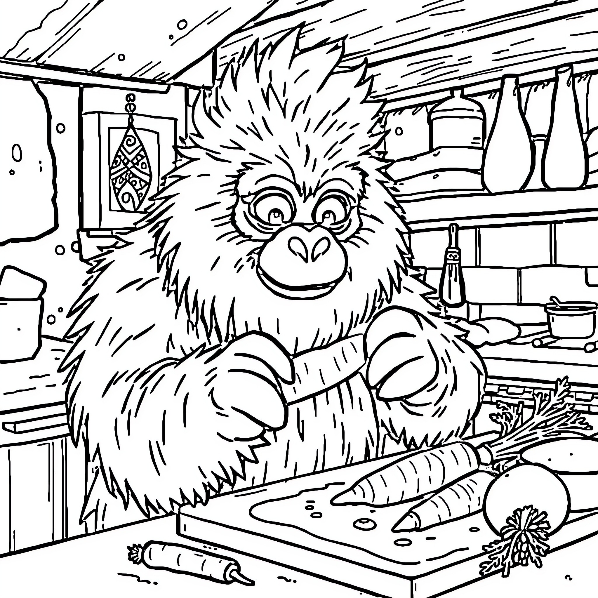 Yeti happily cooking in a messy kitchen Coloring Page (free black-and-white line drawing printable PDF for all, from beginners to advanced learners, including children, teens, adults, and seniors)