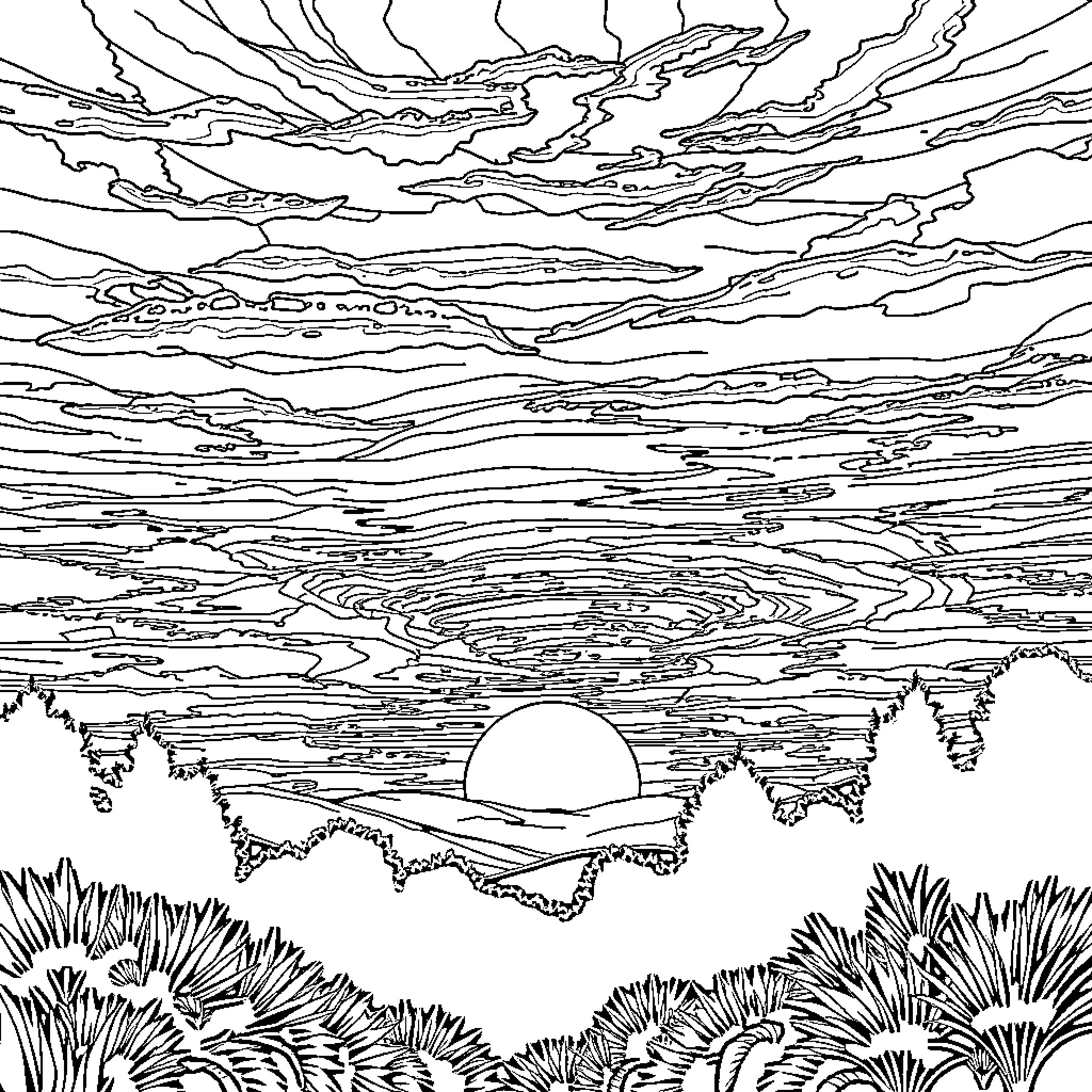 Sunset over serene landscape with swaying grass Coloring Page (free black-and-white line drawing printable PDF for all, from beginners to advanced learners, including children, teens, adults, and seniors)