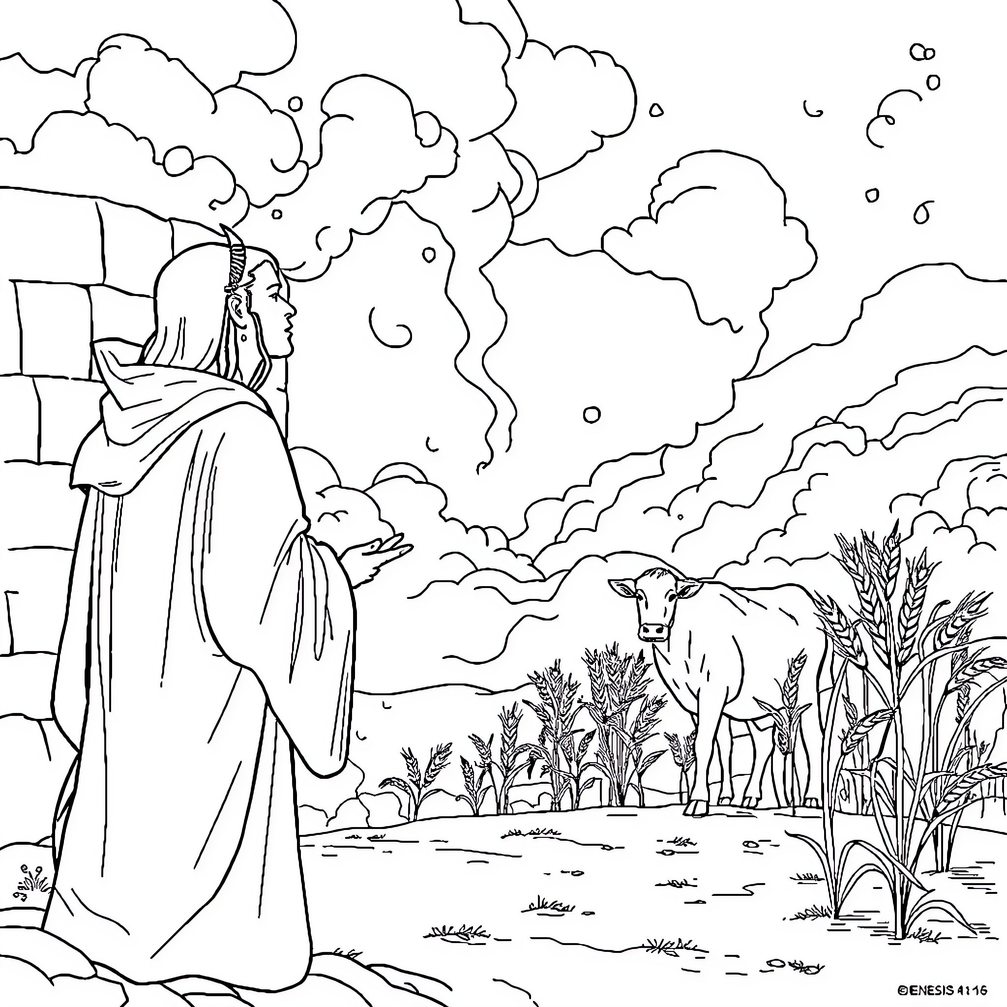 Cow standing in rural landscape with person Coloring Page (free black-and-white line drawing printable PDF for all, from beginners to advanced learners, including children, teens, adults, and seniors)