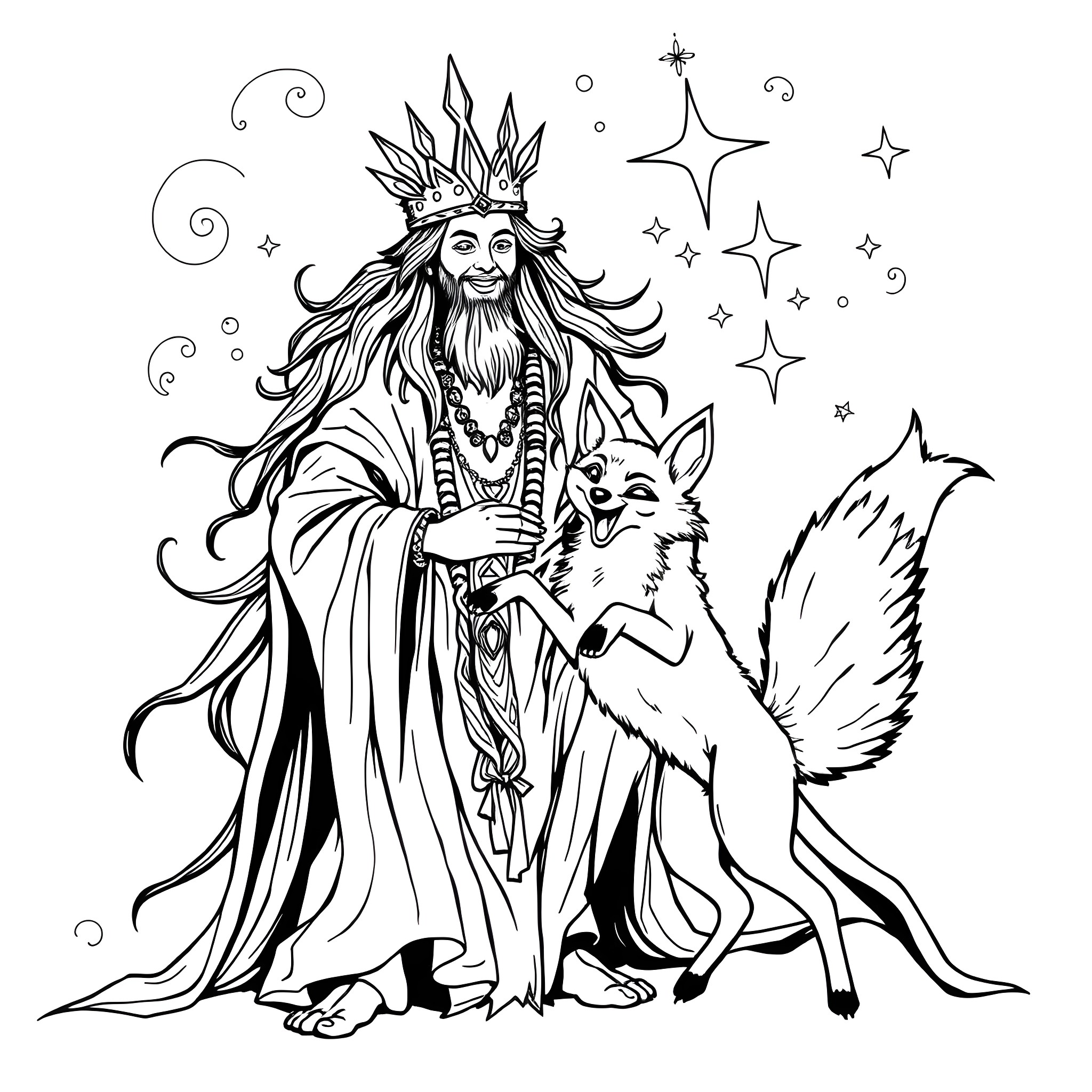 Spirit of the Forest, Keeper of Enchantment Coloring Page (free black-and-white line drawing printable PDF for all, from beginners to advanced learners, including children, teens, adults, and seniors)