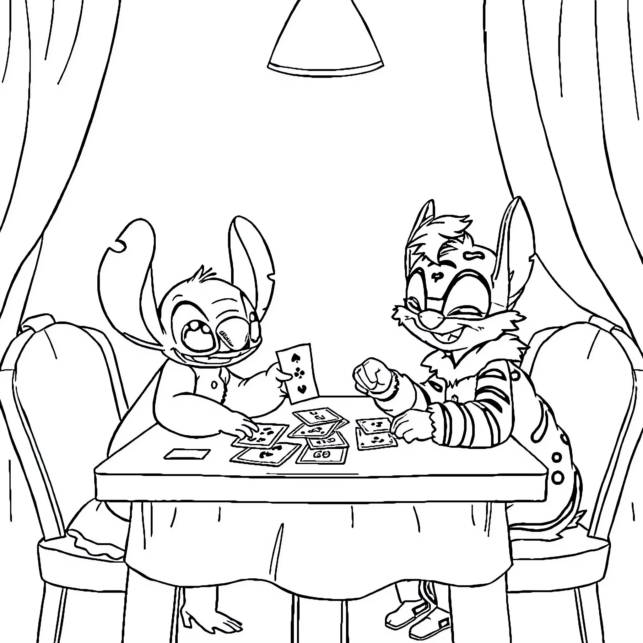 Stitch and Scrump playing cards together Coloring Page (free black-and-white line drawing printable PDF for all, from beginners to advanced learners, including children, teens, adults, and seniors)