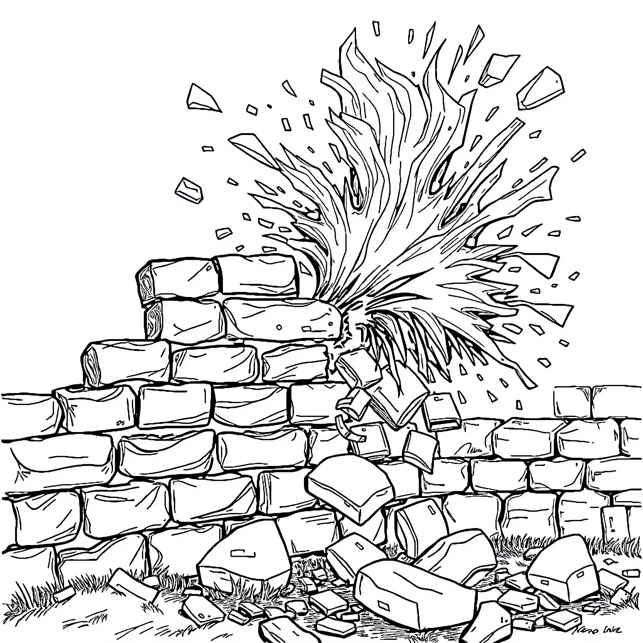 Shear Wall Explosion of Rubble and Debris Coloring Page (free black-and-white line drawing printable PDF for all, from beginners to advanced learners, including children, teens, adults, and seniors)