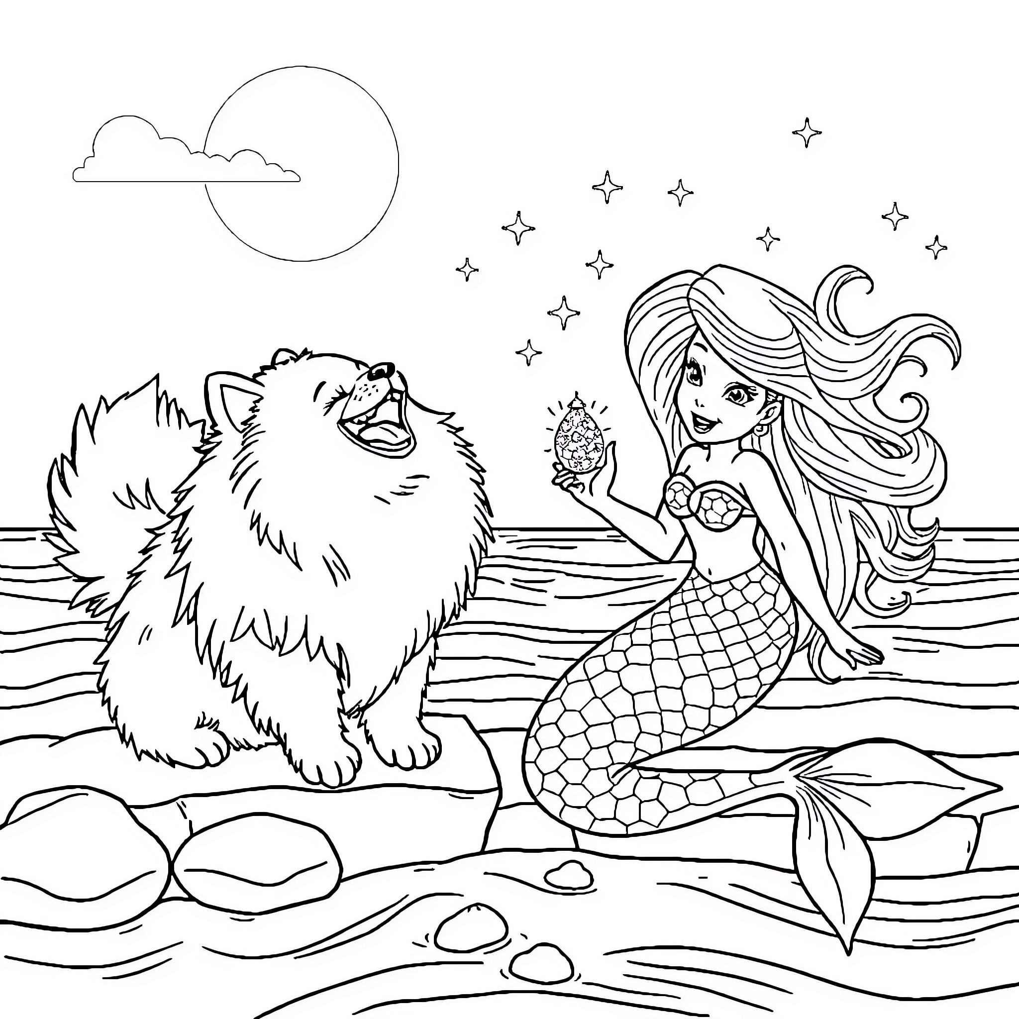 Pomeranian and Mermaid Enjoying Magical Night Coloring Page (free black-and-white line drawing printable PDF for all, from beginners to advanced learners, including children, teens, adults, and seniors)