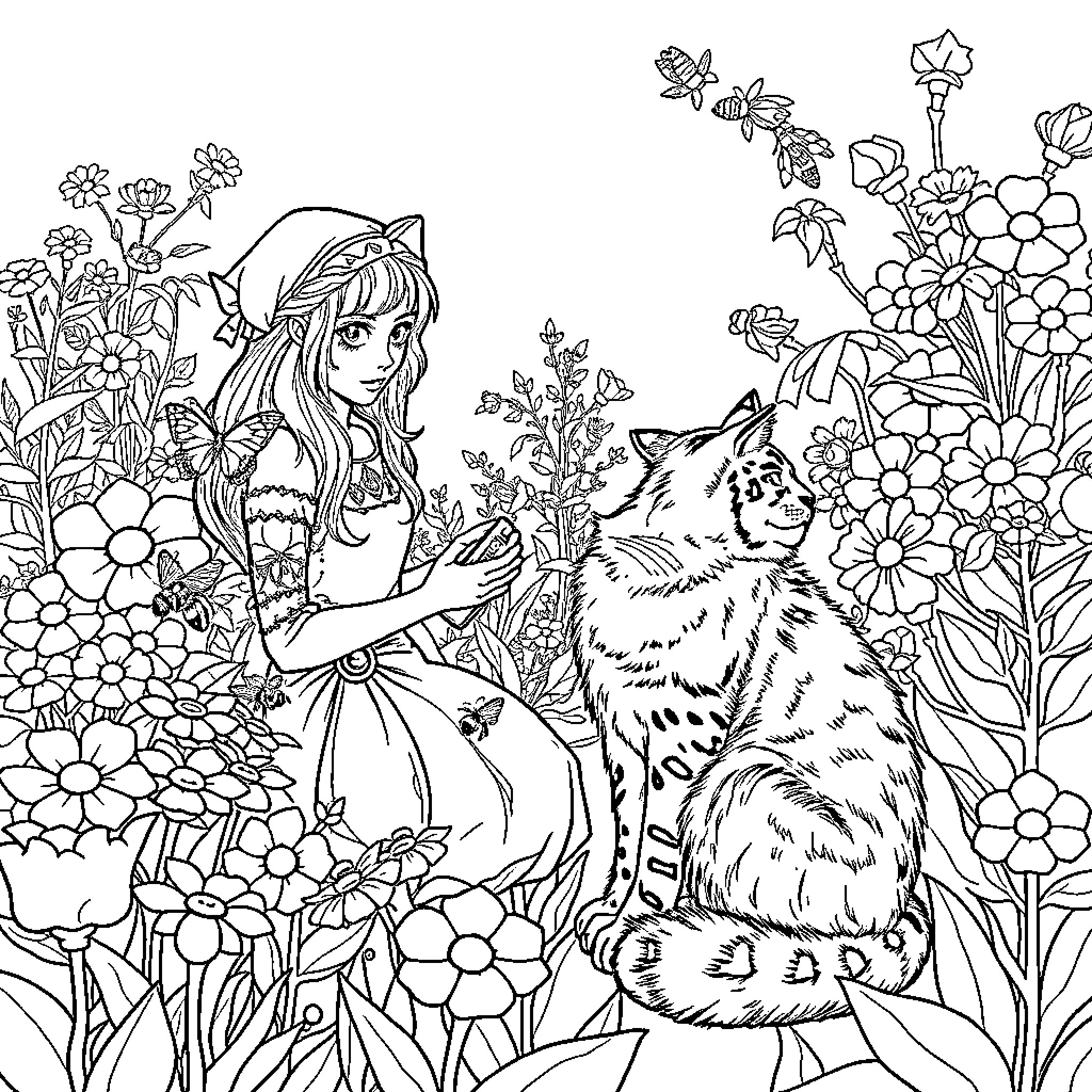 Imkerin's Encounter with Forest Creatures Coloring Page (free black-and-white line drawing printable PDF for all, from beginners to advanced learners, including children, teens, adults, and seniors)