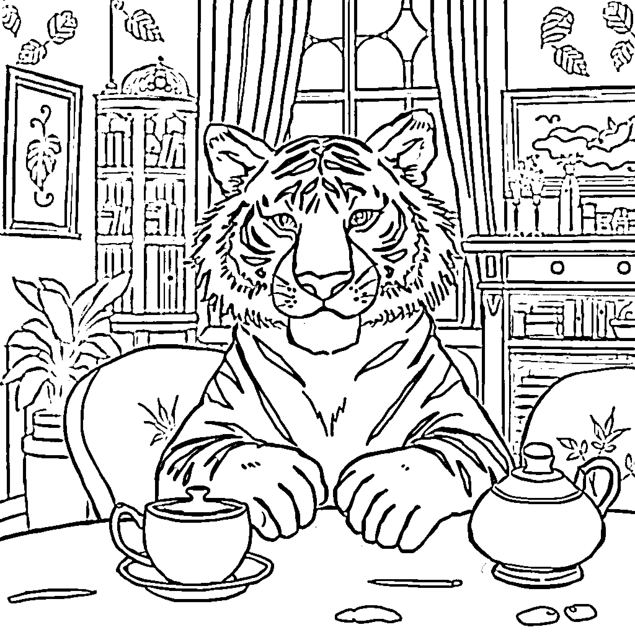Tiger enjoying a cozy tea time in the library Coloring Page (free black-and-white line drawing printable PDF for all, from beginners to advanced learners, including children, teens, adults, and seniors)