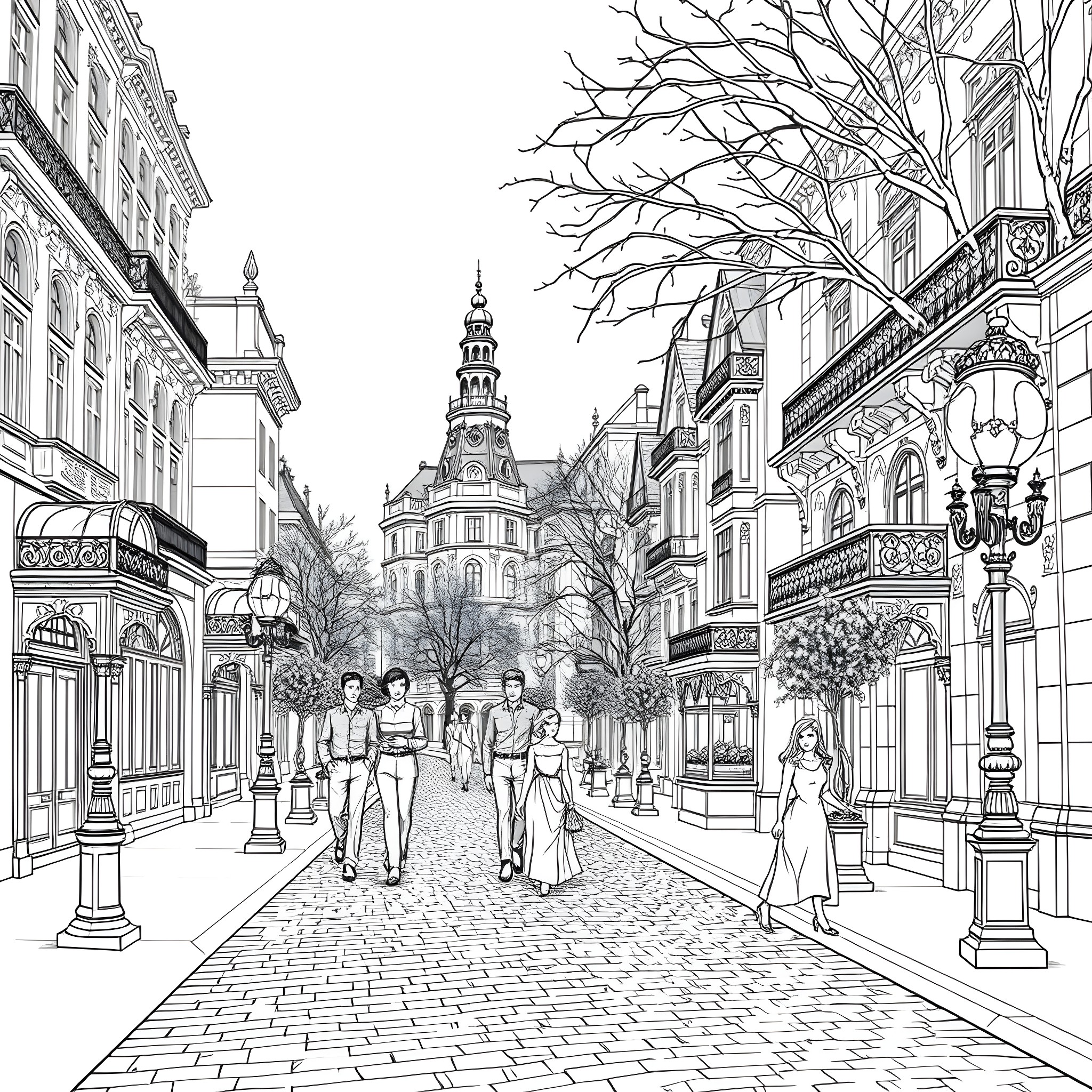 Victorian Street Scene with Ornate Architecture Coloring Page (free black-and-white line drawing printable PDF for all, from beginners to advanced learners, including children, teens, adults, and seniors)