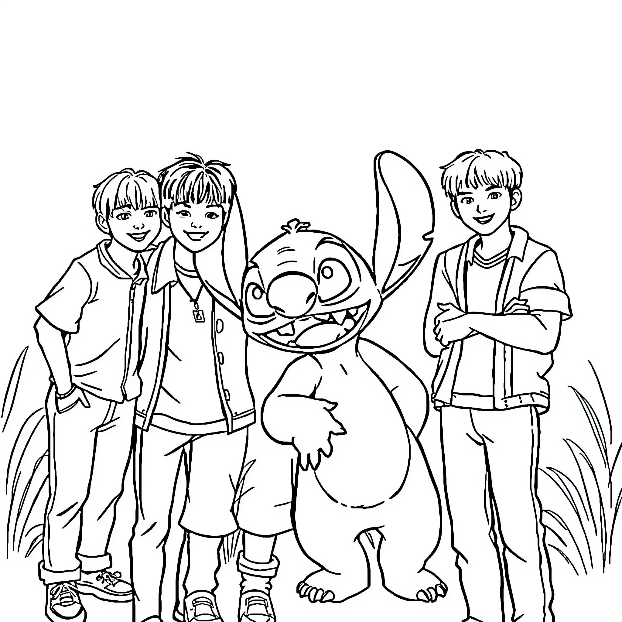 BTS with Stitch: A Playful Encounter Coloring Page (free black-and-white line drawing printable PDF for all, from beginners to advanced learners, including children, teens, adults, and seniors)