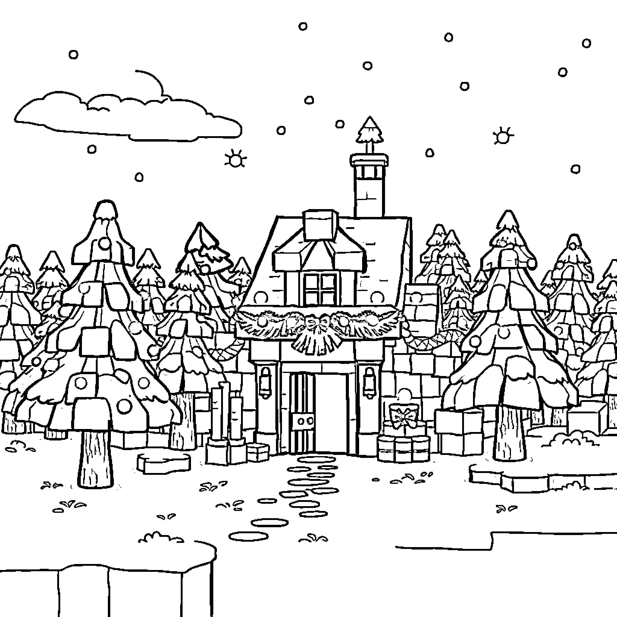 Minecraft village with unique structures and wildlife Coloring Page (free black-and-white line drawing printable PDF for all, from beginners to advanced learners, including children, teens, adults, and seniors)
