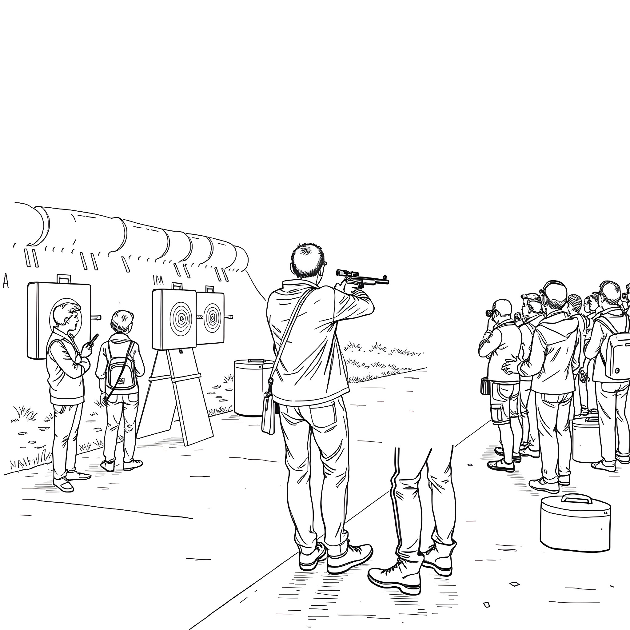 Guy practicing shooting at a target range Coloring Page (free black-and-white line drawing printable PDF for all, from beginners to advanced learners, including children, teens, adults, and seniors)