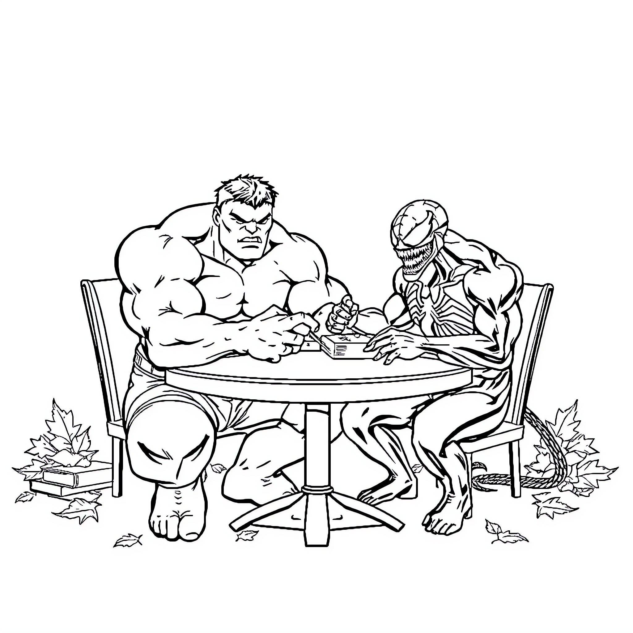 Hulk and Venom engaging in an intense game Coloring Page (free black-and-white line drawing printable PDF for all, from beginners to advanced learners, including children, teens, adults, and seniors)