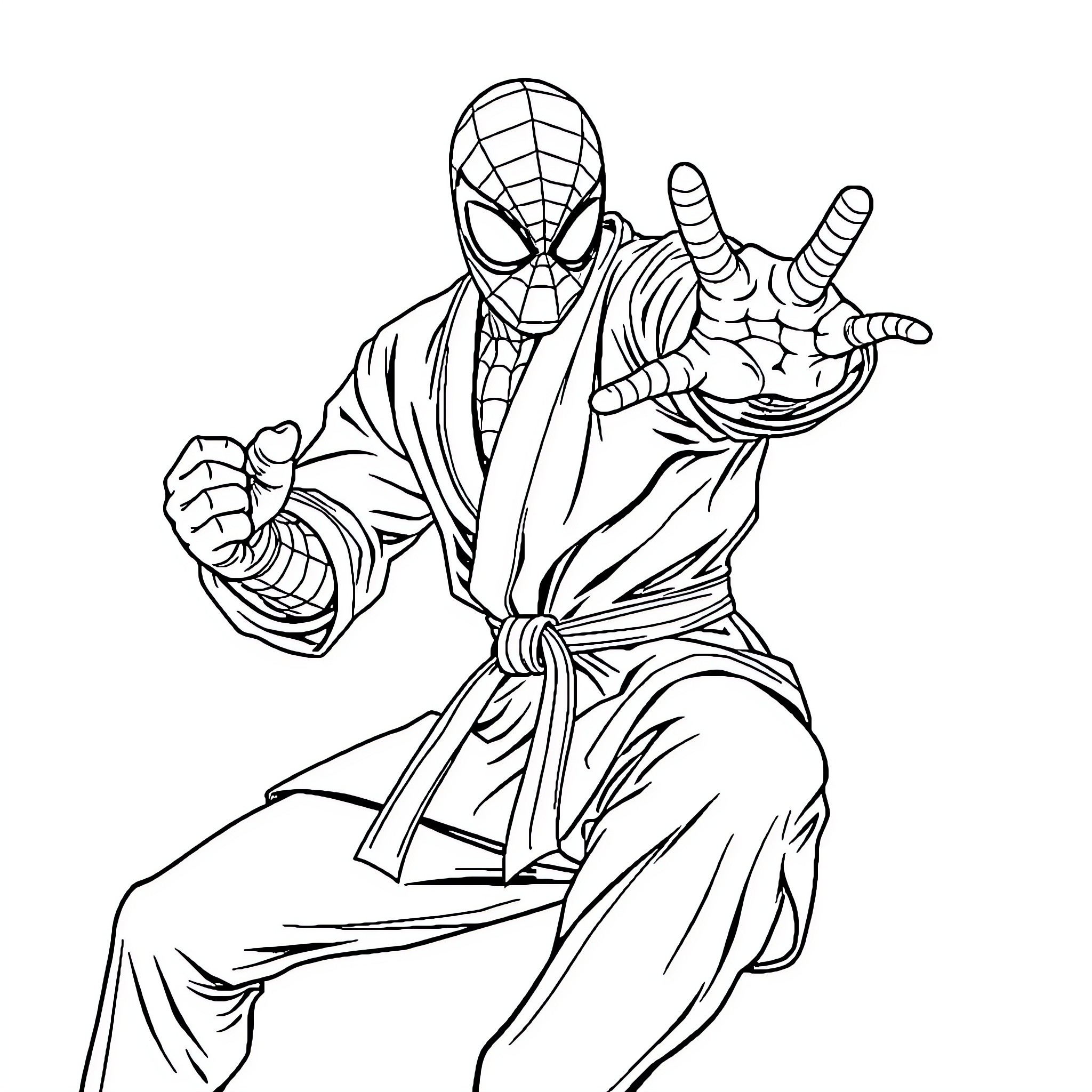 Spiderman in action pose with webbed hands Coloring Page (free black-and-white line drawing printable PDF for all, from beginners to advanced learners, including children, teens, adults, and seniors)