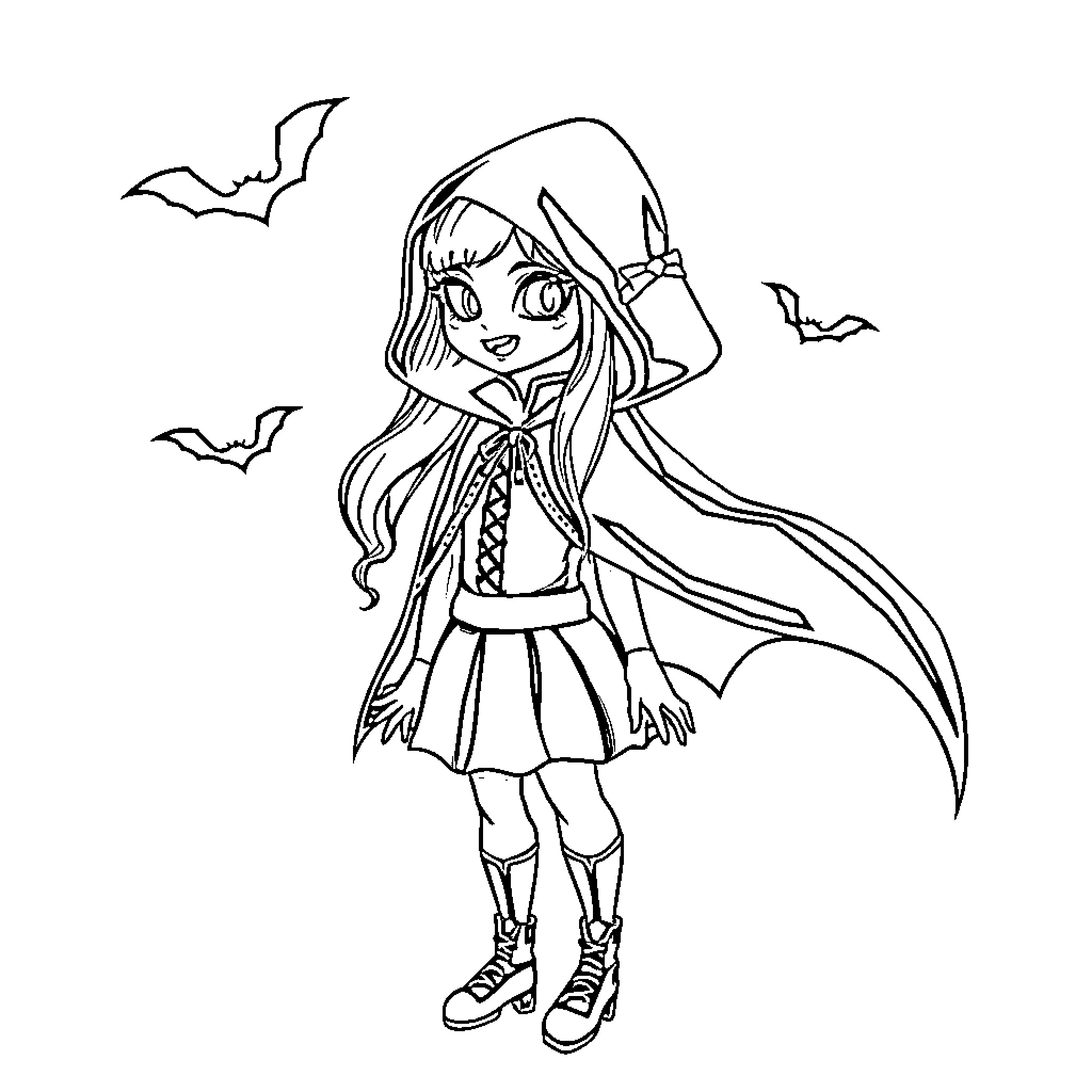 Vampire girl with bats in the night Coloring Page (free black-and-white line drawing printable PDF for all, from beginners to advanced learners, including children, teens, adults, and seniors)