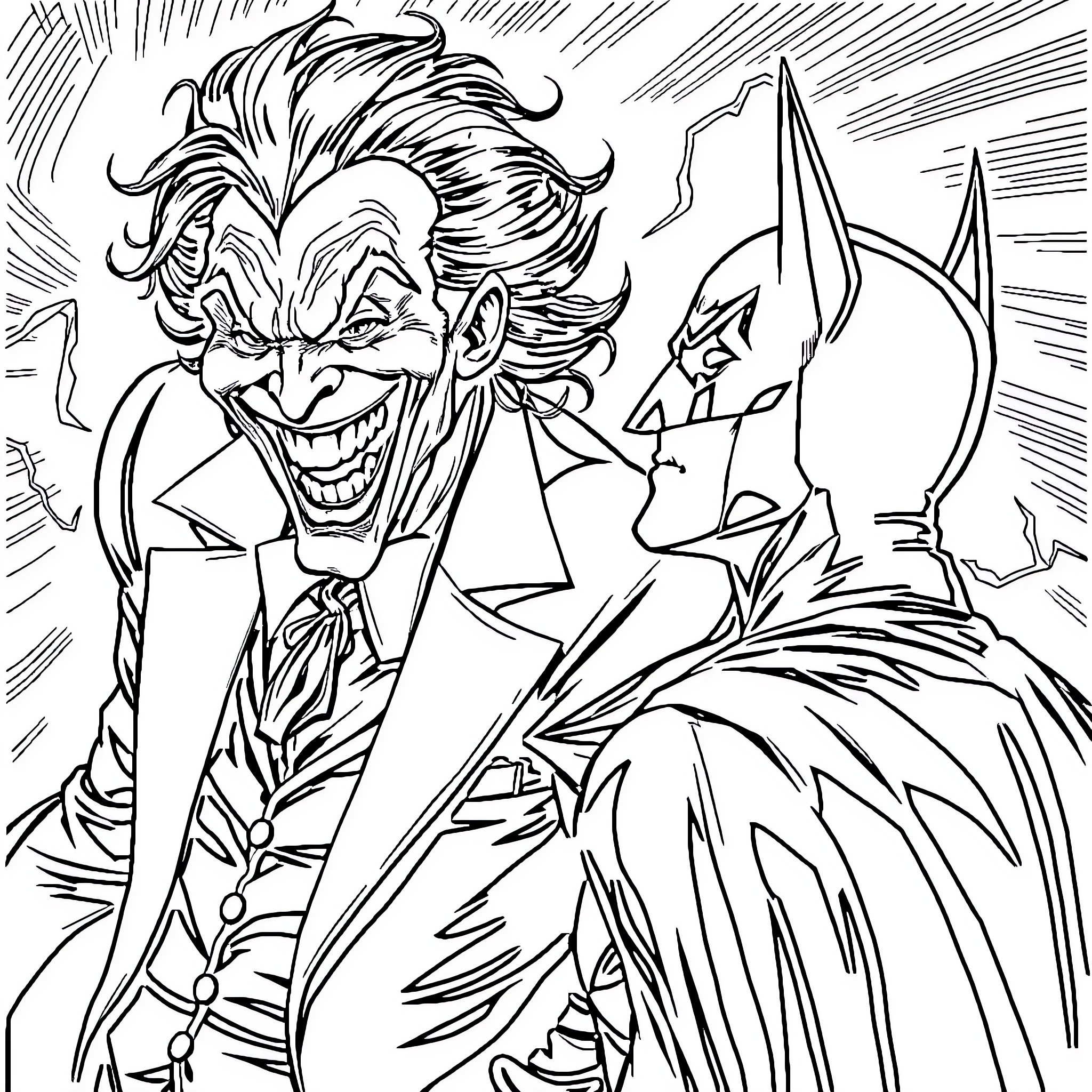 Joker and Batman in intense confrontation Coloring Page (free black-and-white line drawing printable PDF for all, from beginners to advanced learners, including children, teens, adults, and seniors)