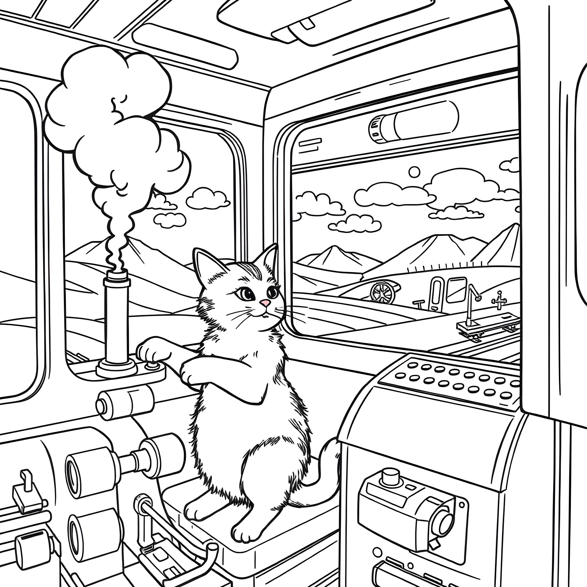 Train transporting cat through scenic countryside Coloring Page (free black-and-white line drawing printable PDF for all, from beginners to advanced learners, including children, teens, adults, and seniors)