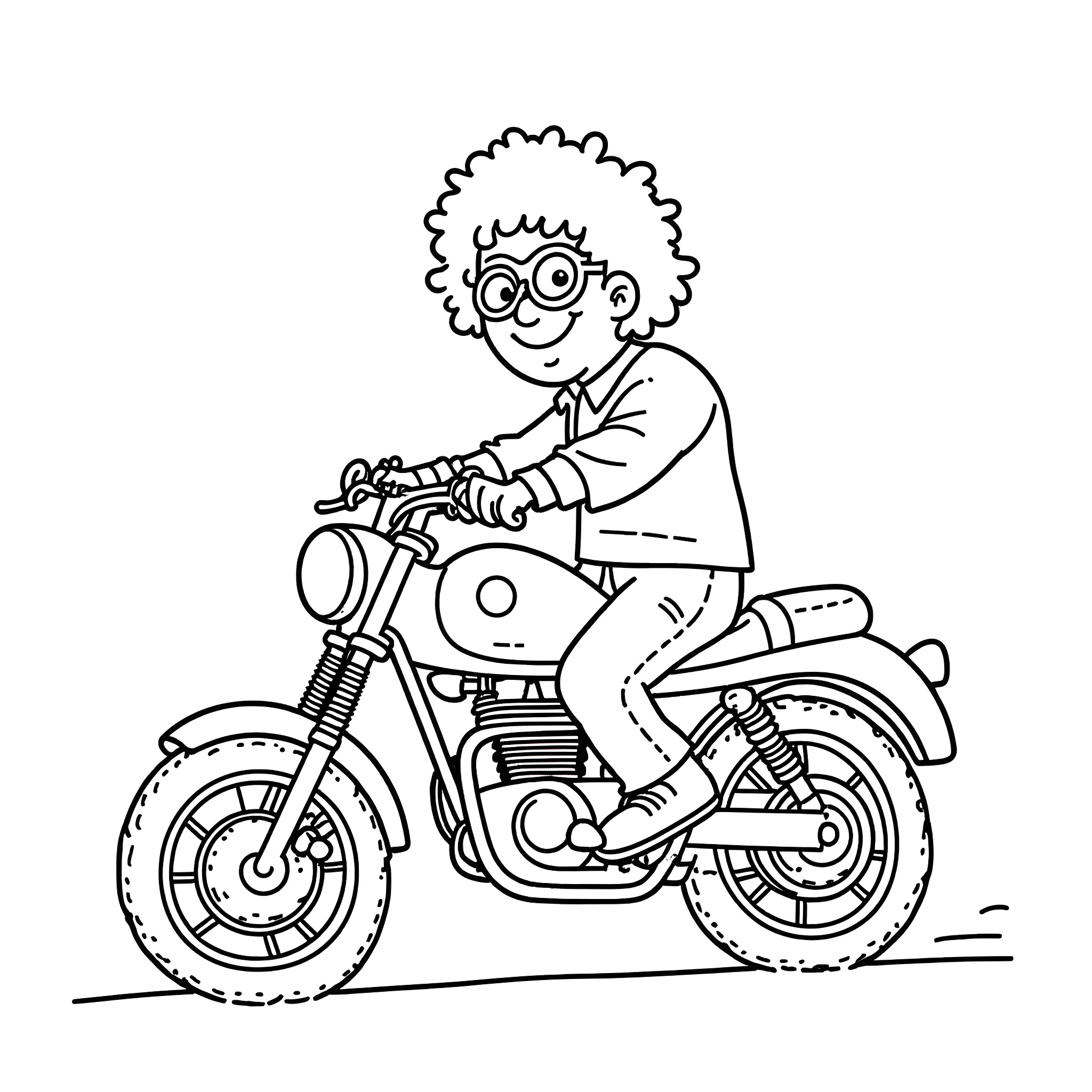 Weird Al riding a motorcycle Coloring Page (free black-and-white line drawing printable PDF for all, from beginners to advanced learners, including children, teens, adults, and seniors)