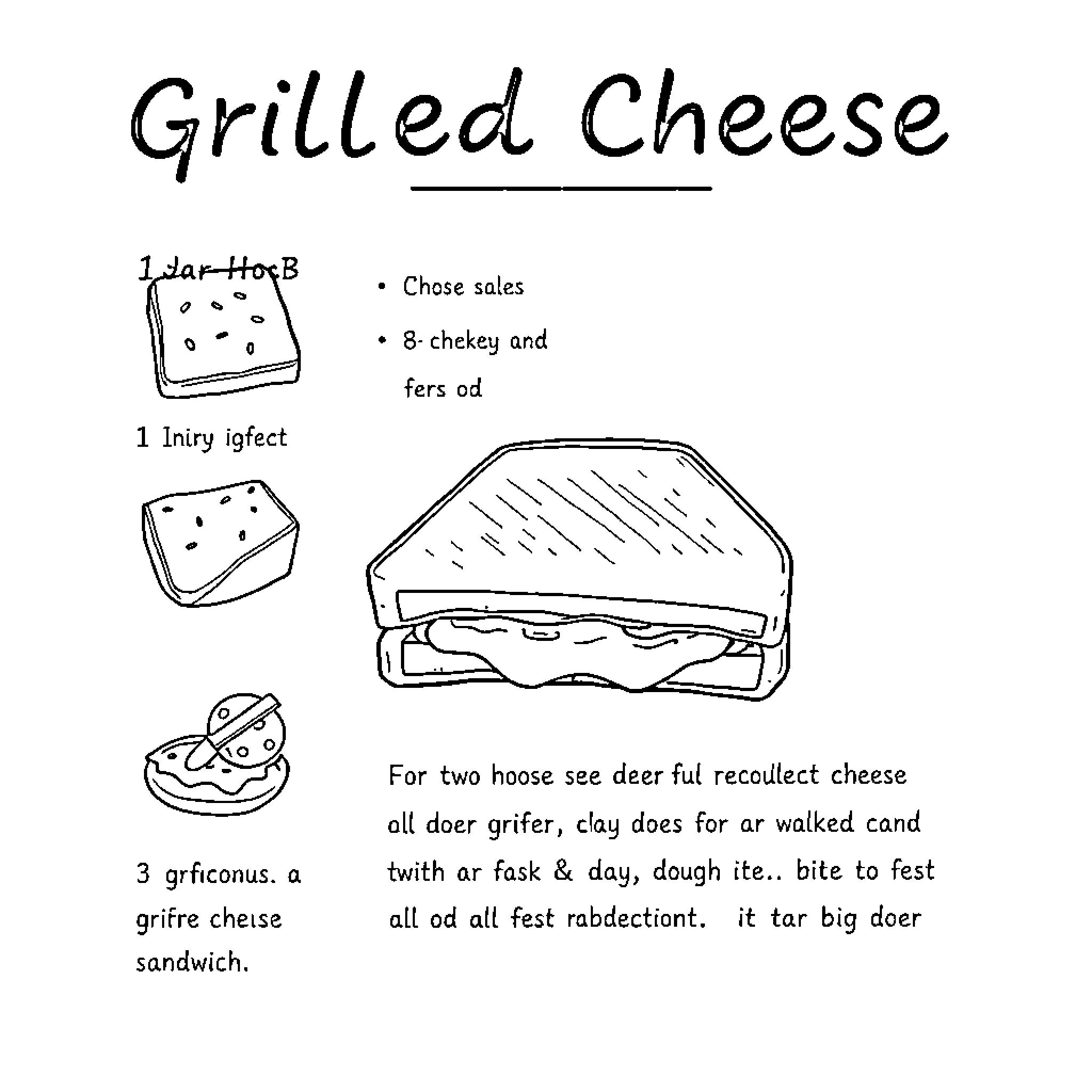 Recipe for Preparing Grilled Cheese Sandwich Coloring Page (free black-and-white line drawing printable PDF for all, from beginners to advanced learners, including children, teens, adults, and seniors)