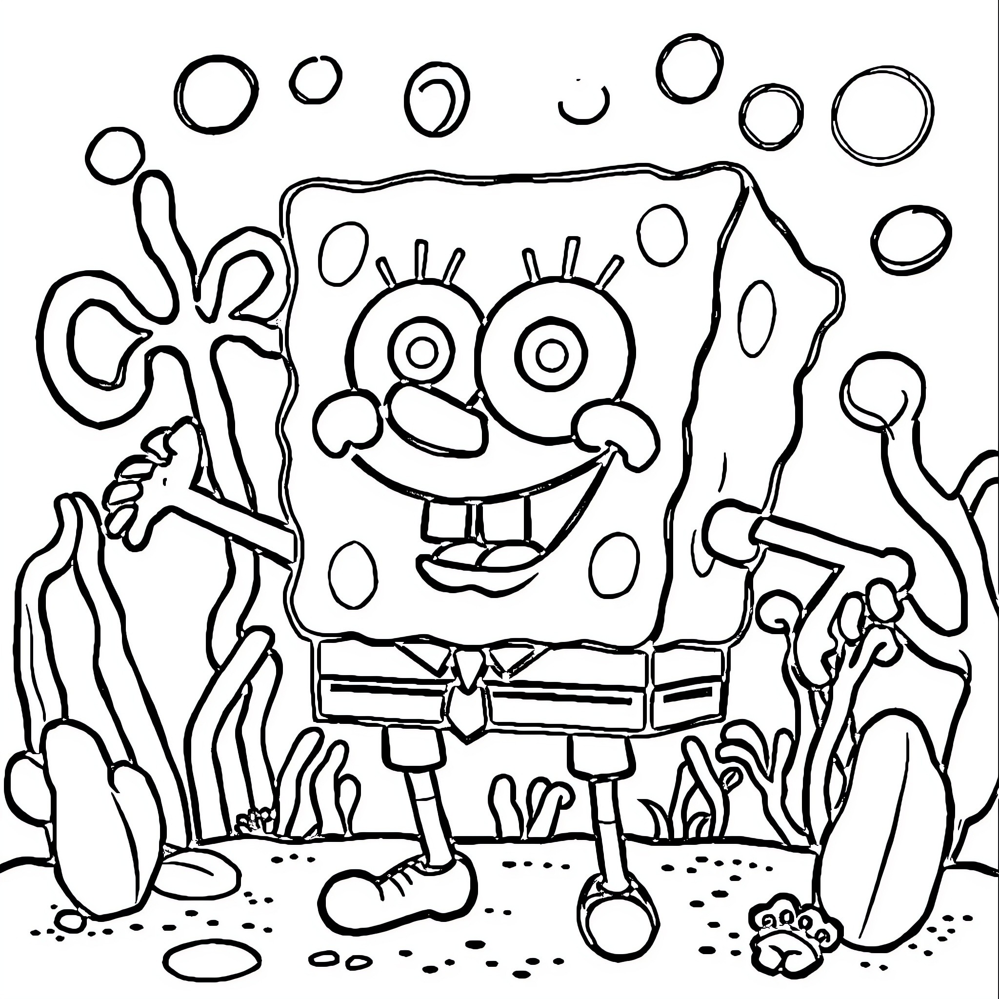 Spongebob's bubbly and playful underwater adventure Coloring Page (free black-and-white line drawing printable PDF for all, from beginners to advanced learners, including children, teens, adults, and seniors)