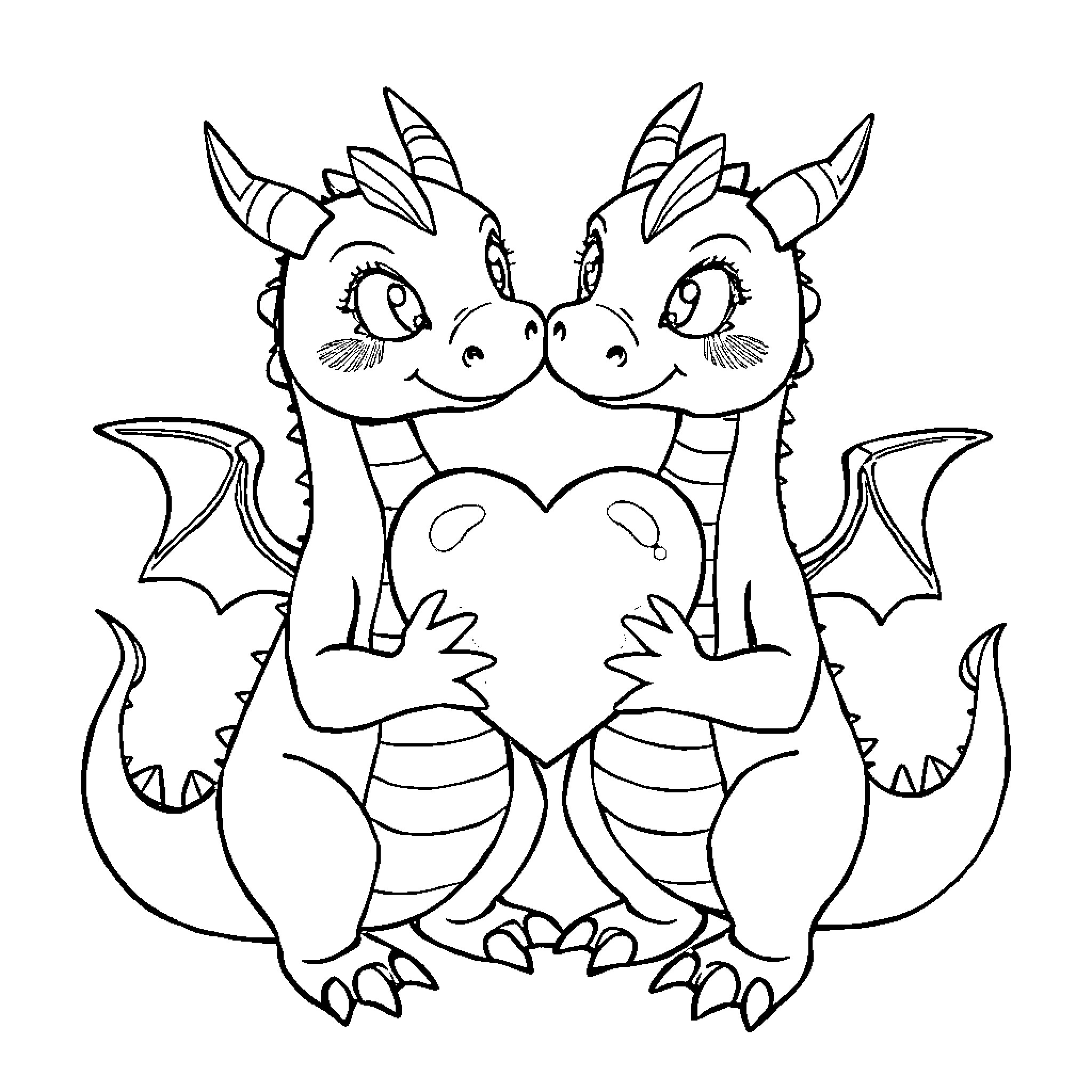 Dragon Couple Embracing with Heart Coloring Page (free black-and-white line drawing printable PDF for all, from beginners to advanced learners, including children, teens, adults, and seniors)