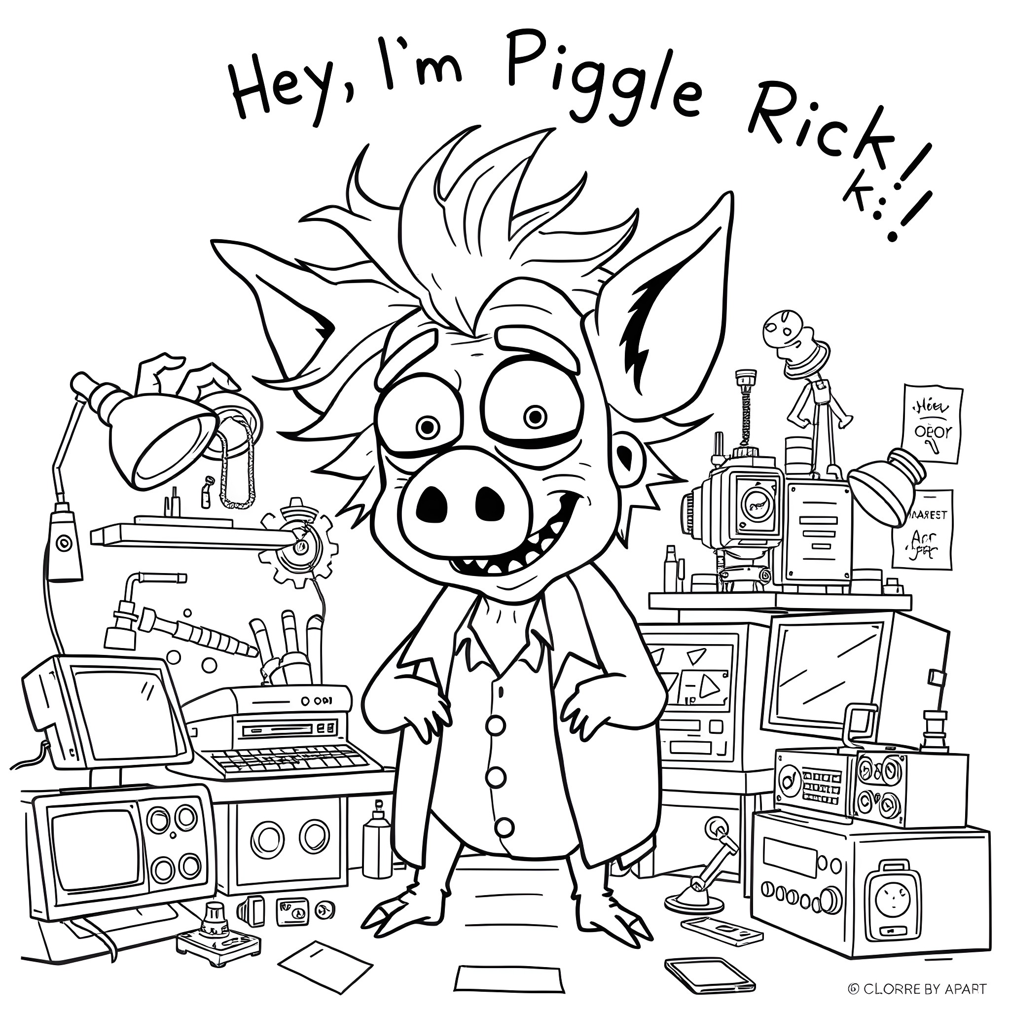 Rick the Piggle Excited in his Workshop Coloring Page (free black-and-white line drawing printable PDF for all, from beginners to advanced learners, including children, teens, adults, and seniors)