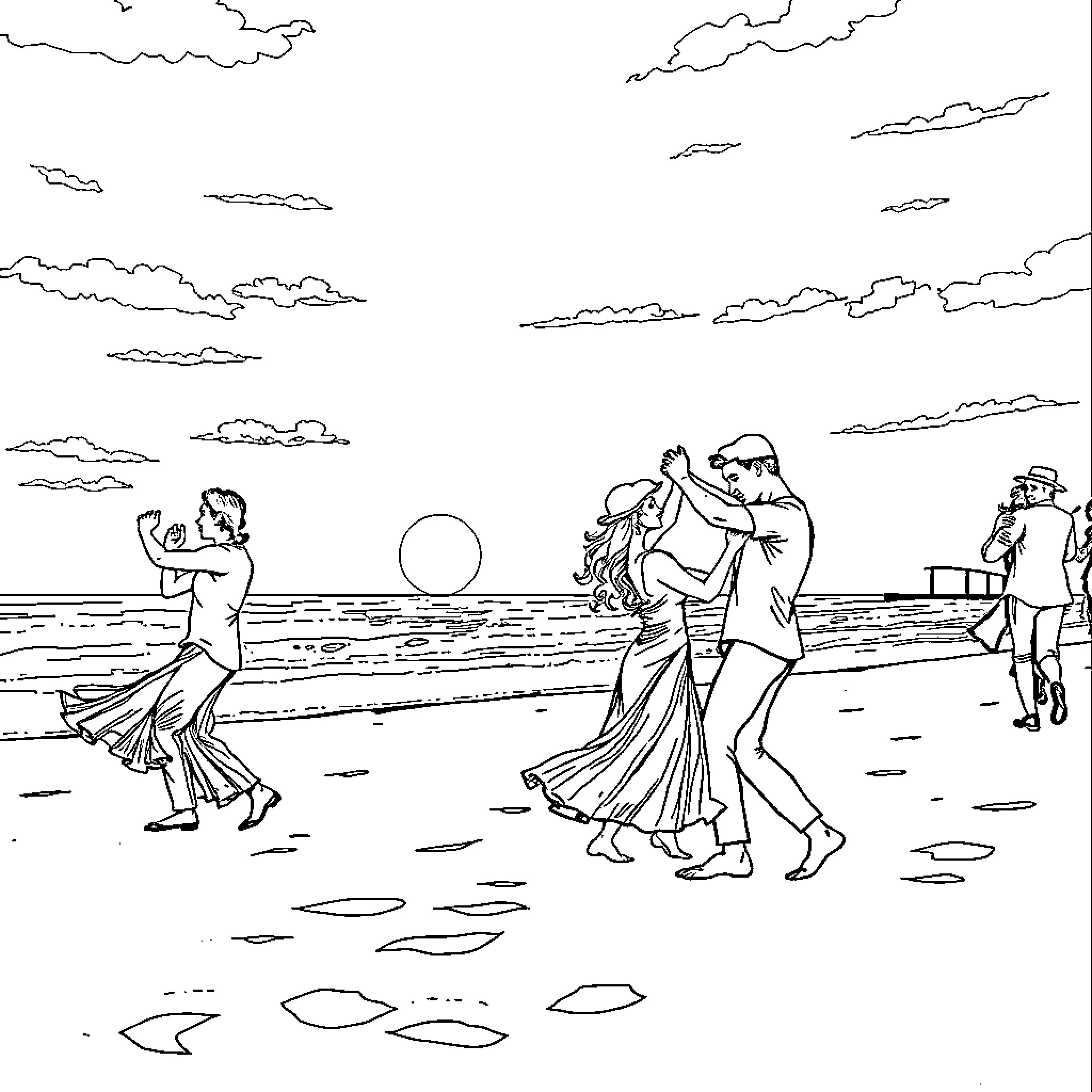 Salsa Dancers on the Beach at Sunset Coloring Page (free black-and-white line drawing printable PDF for all, from beginners to advanced learners, including children, teens, adults, and seniors)