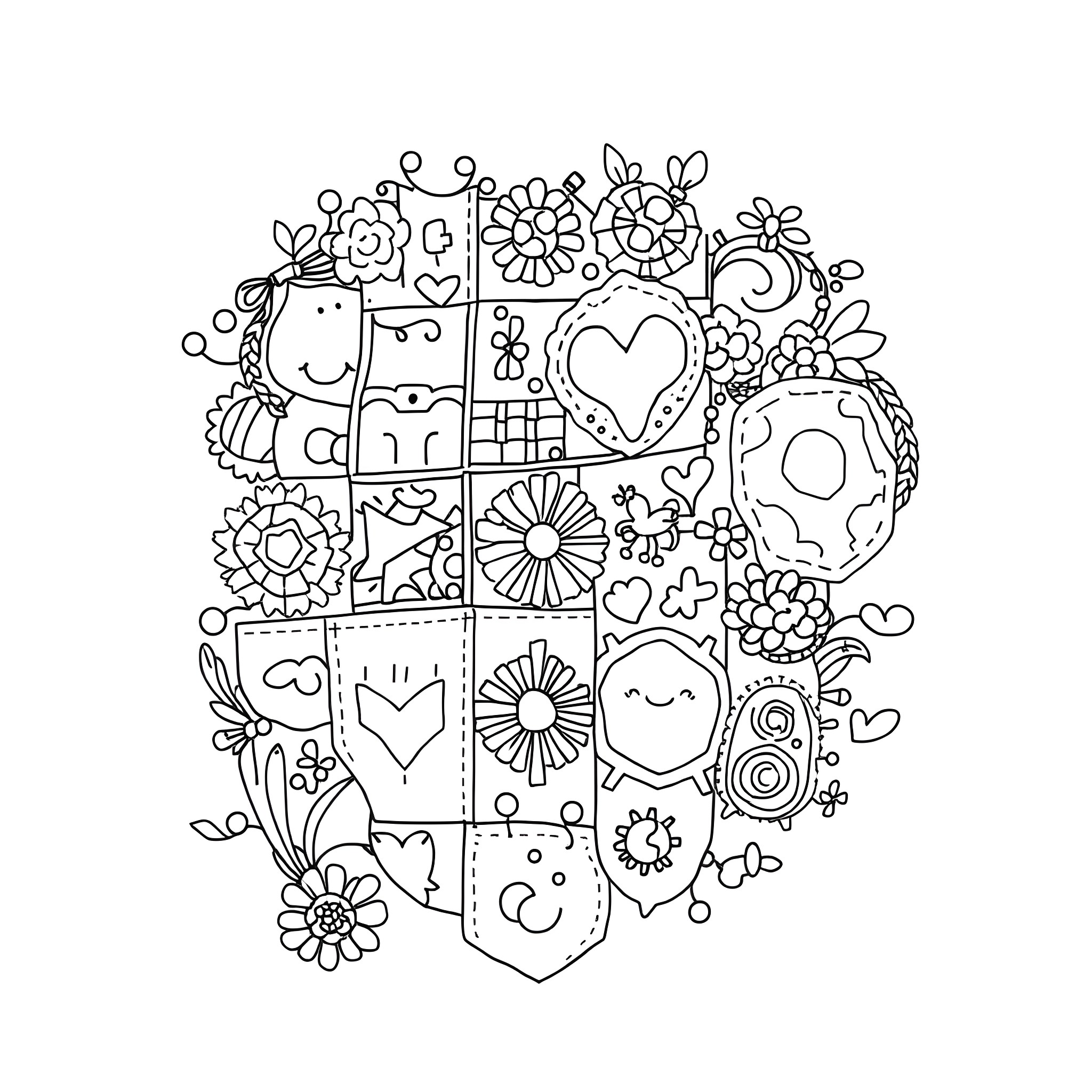 Patchwork of Whimsical Floral Illustrations Coloring Page (free black-and-white line drawing printable PDF for all, from beginners to advanced learners, including children, teens, adults, and seniors)